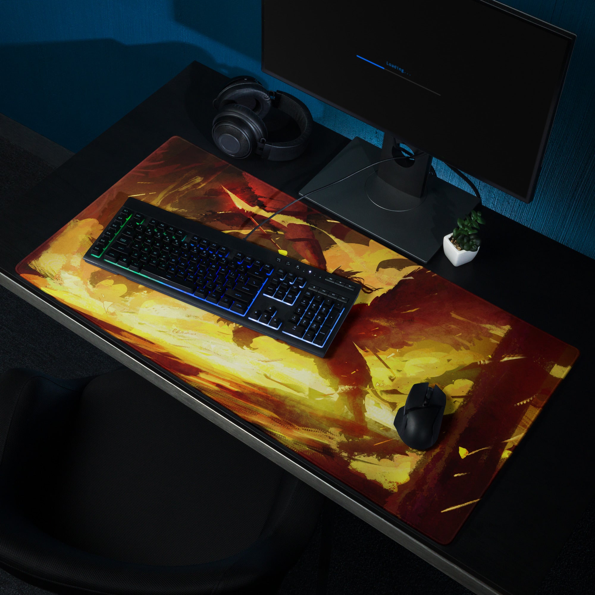 Fiery Orange Yellow Red Gaming Mouse Pad for Desktop Setup Abstract Brushstroke Art Energetic Gamer Decor