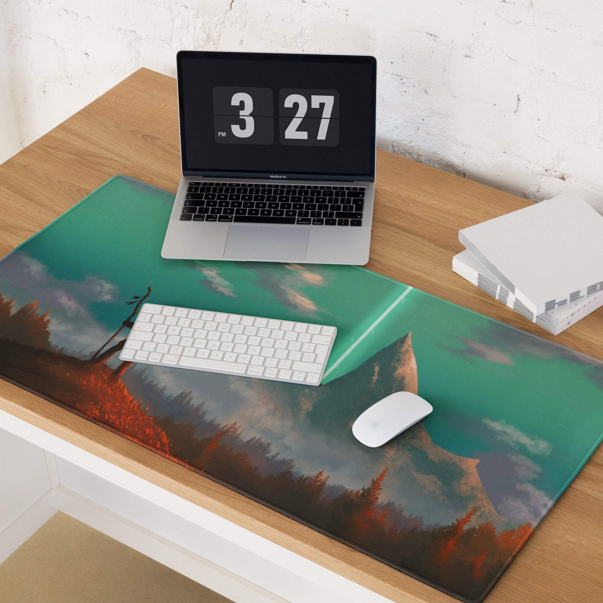 Emerald Peak Fantasy mouse pad glossy rectangular featuring vibrant digital art of mountains and autumn trees under teal sky