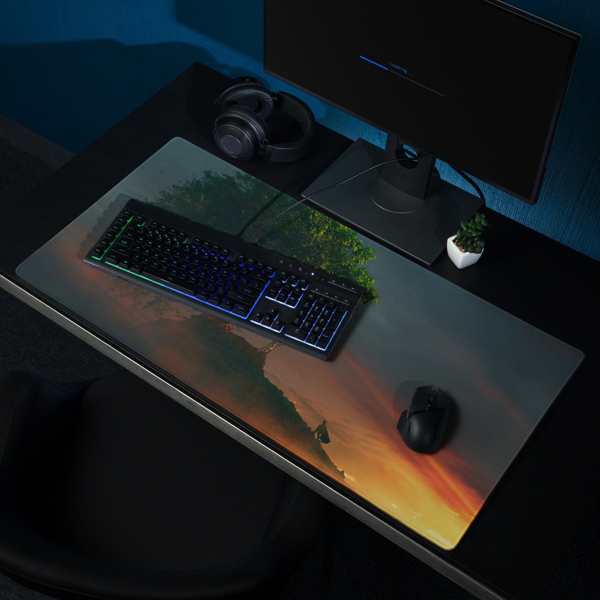 Gaming Mouse Pad Forest Green And Sunset Orange Large Desk Setup With Non Slip Base And Edge Stitching Modern