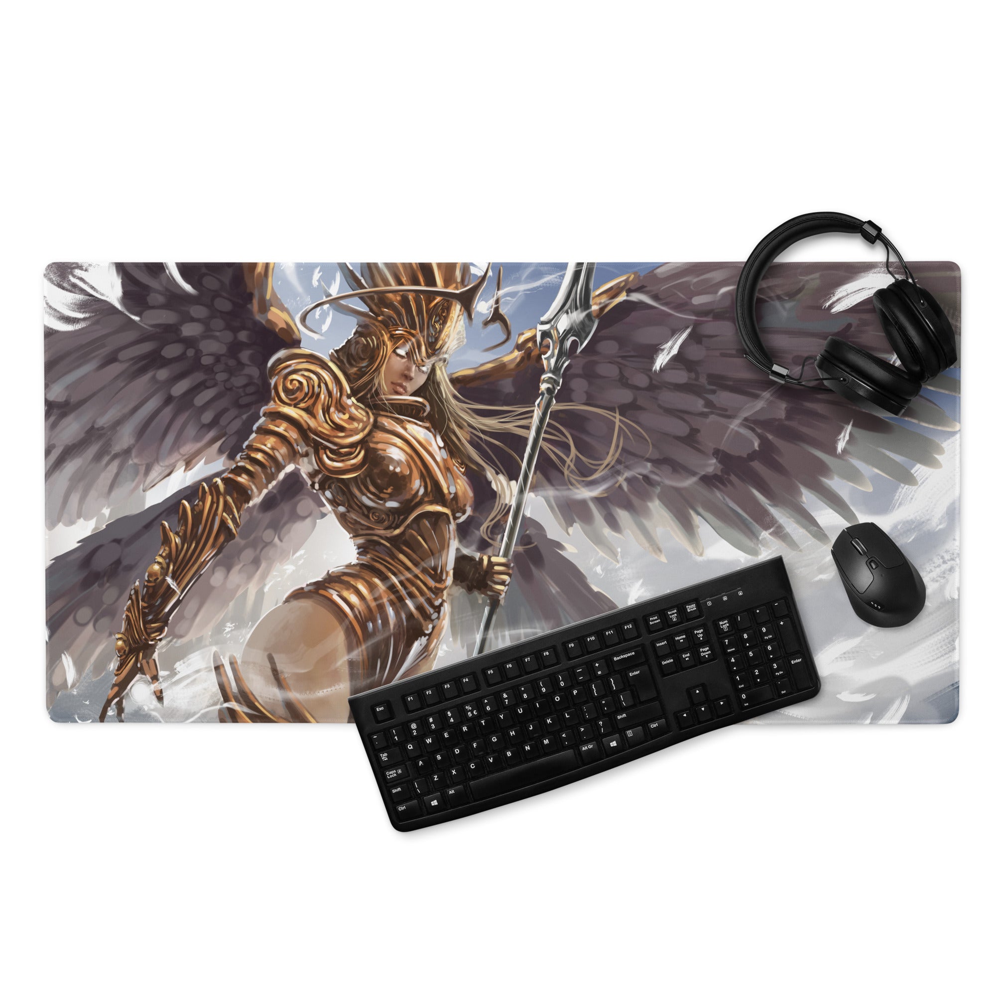 Gaming Mouse Pad Large Desk Mat With Bronze Gold Fantasy Warrior Illustration For Epic Winged Armor Gaming Setup