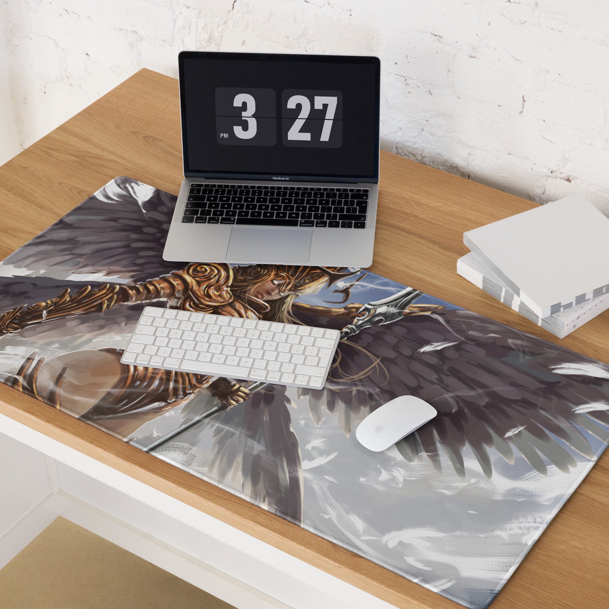 Gaming Mouse Pad Large Desk Mat With Bronze Gold Fantasy Warrior Illustration For Epic Winged Armor Gaming Setup