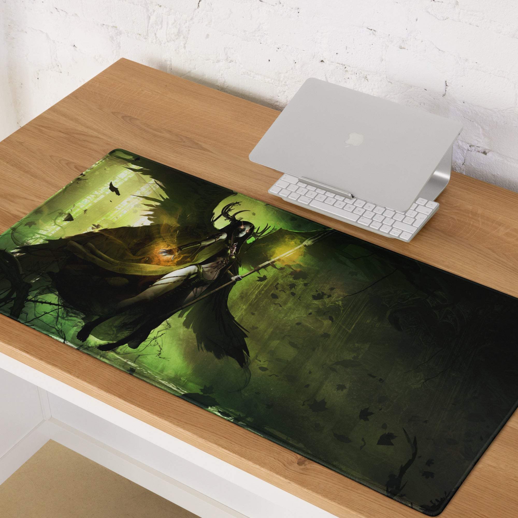 Emerald forest mouse pad green and black gaming mousepad with fantasy character design and moody dark art decor