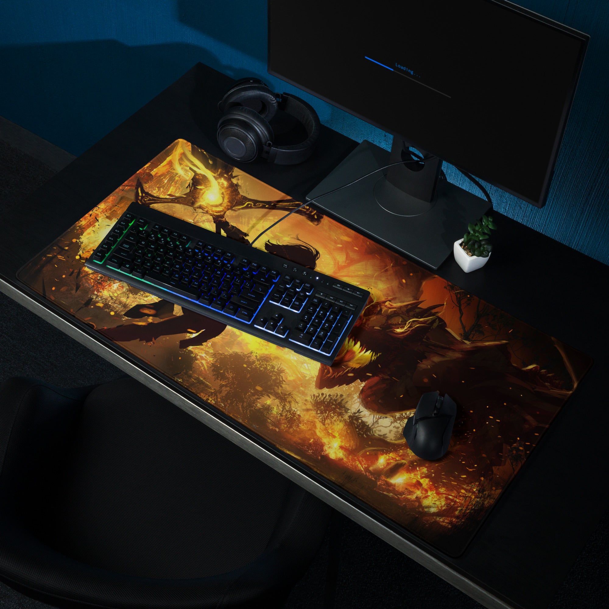 Gaming Mouse Pad Fiery Orange Black Dragon Battle Digital Art For Gaming Desk Mat