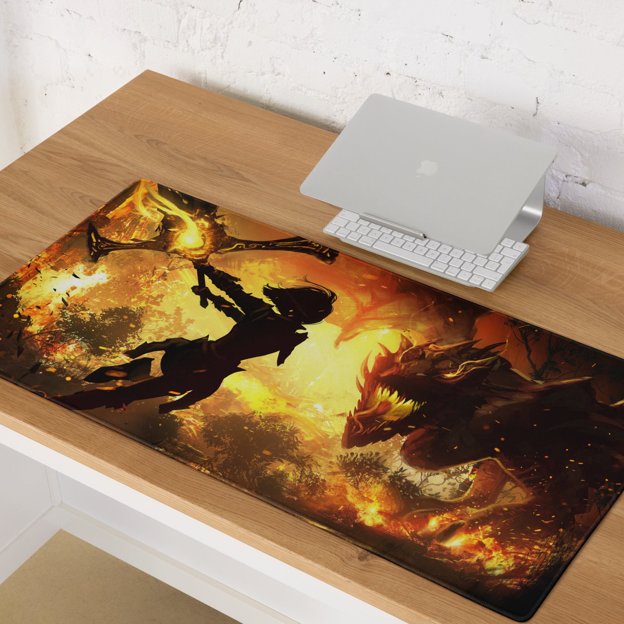 Gaming Mouse Pad Fiery Orange Black Dragon Battle Digital Art For Gaming Desk Mat
