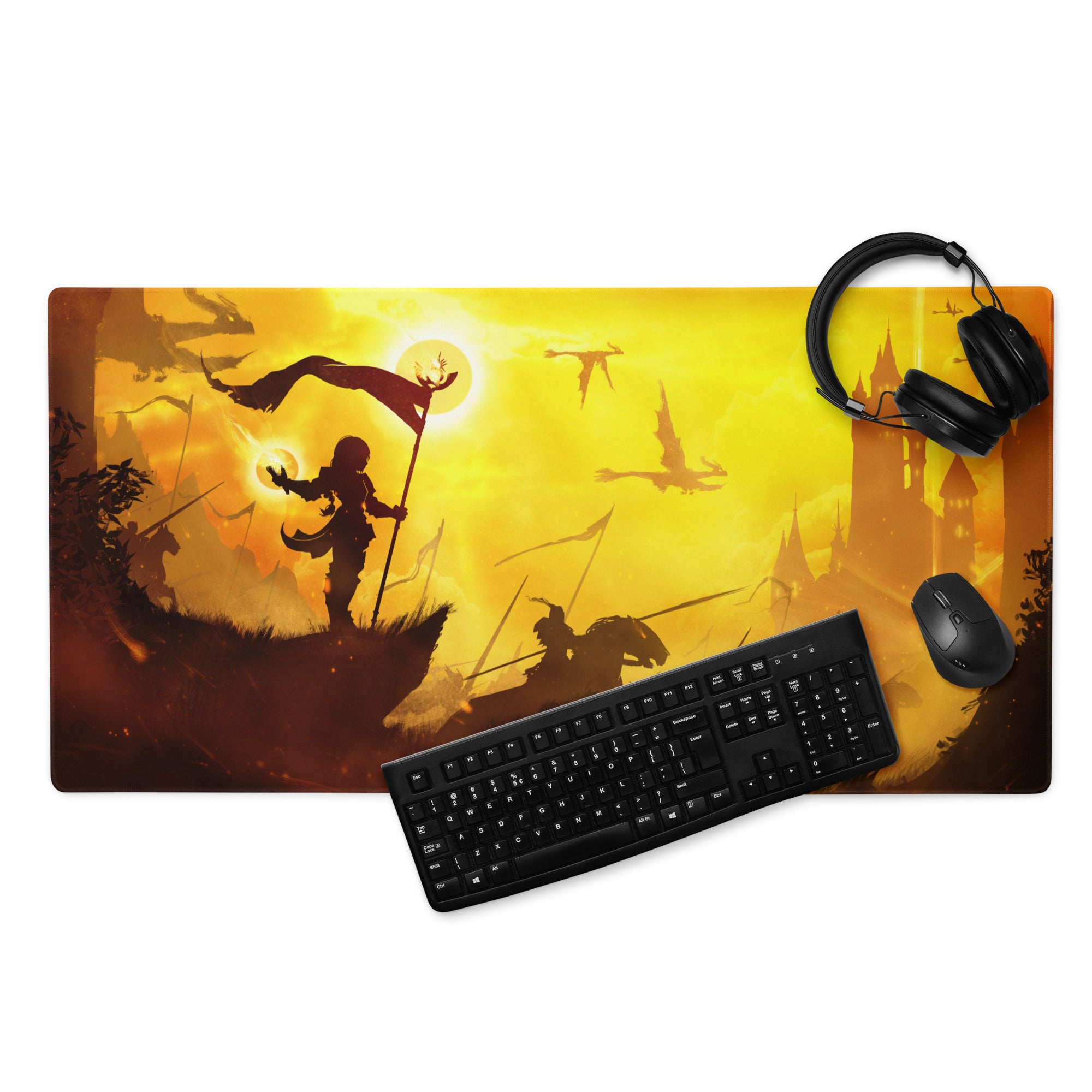 Orange Yellow Fantasy Battle Scene Gaming Mouse Pad Large Non Slip Edge Stitching For Gaming Setup