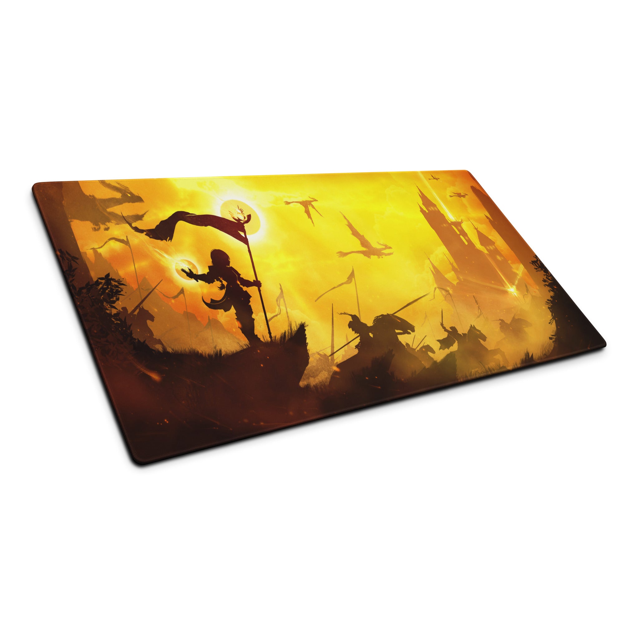 Orange Yellow Fantasy Battle Scene Gaming Mouse Pad Large Non Slip Edge Stitching For Gaming Setup