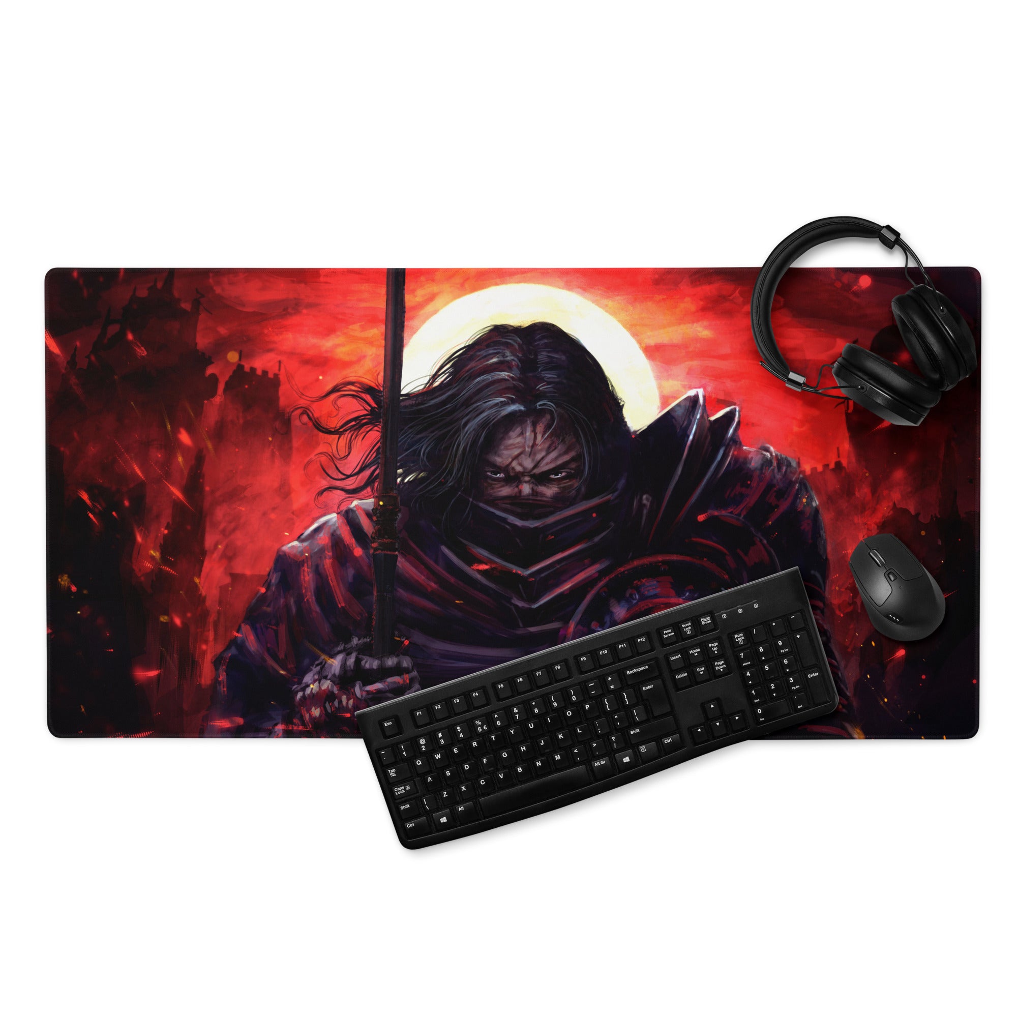 Red And Black Fiery Warrior Gaming Setup Mouse Pad Large Non Slip Desk Mat For Gaming Epic Dark Fantasy Digital Art