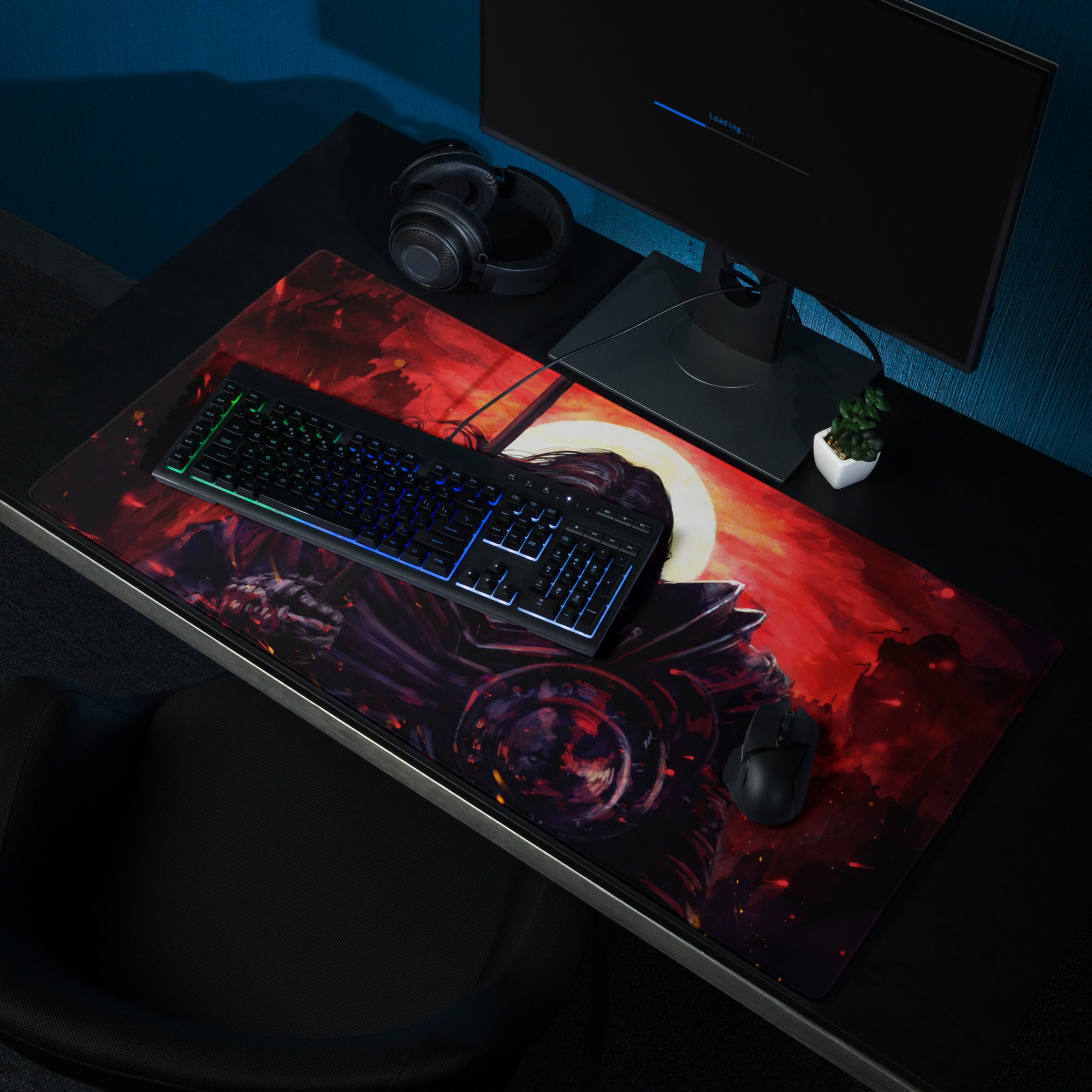 Red And Black Fiery Warrior Gaming Setup Mouse Pad Large Non Slip Desk Mat For Gaming Epic Dark Fantasy Digital Art