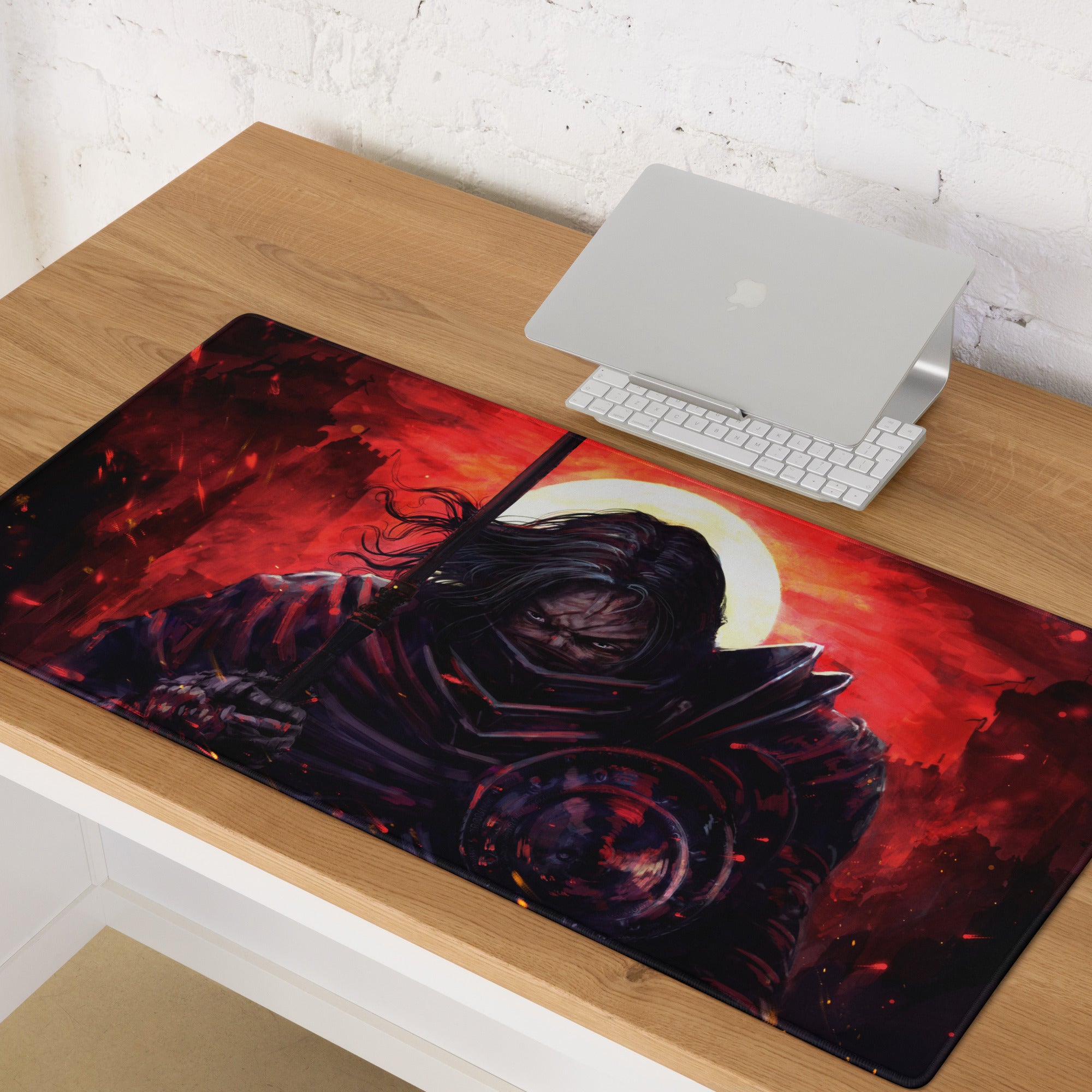 Red And Black Fiery Warrior Gaming Setup Mouse Pad Large Non Slip Desk Mat For Gaming Epic Dark Fantasy Digital Art