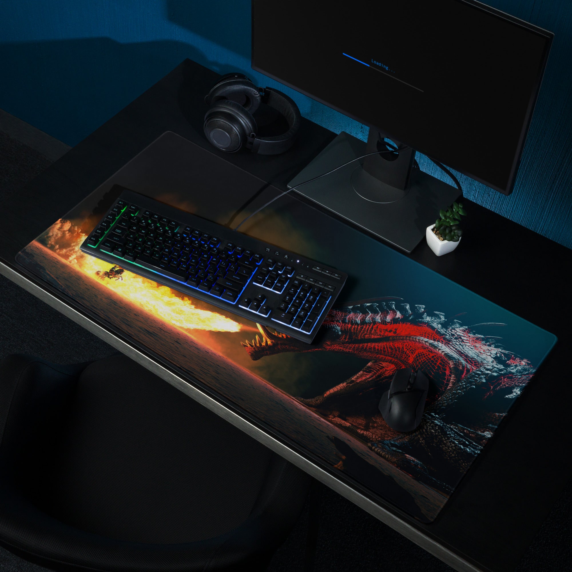Dragon Fire Gaming Mouse Pad Dark Blue Orange Large Desk Mat For PC And Console Setup Epic Fantasy Artwork