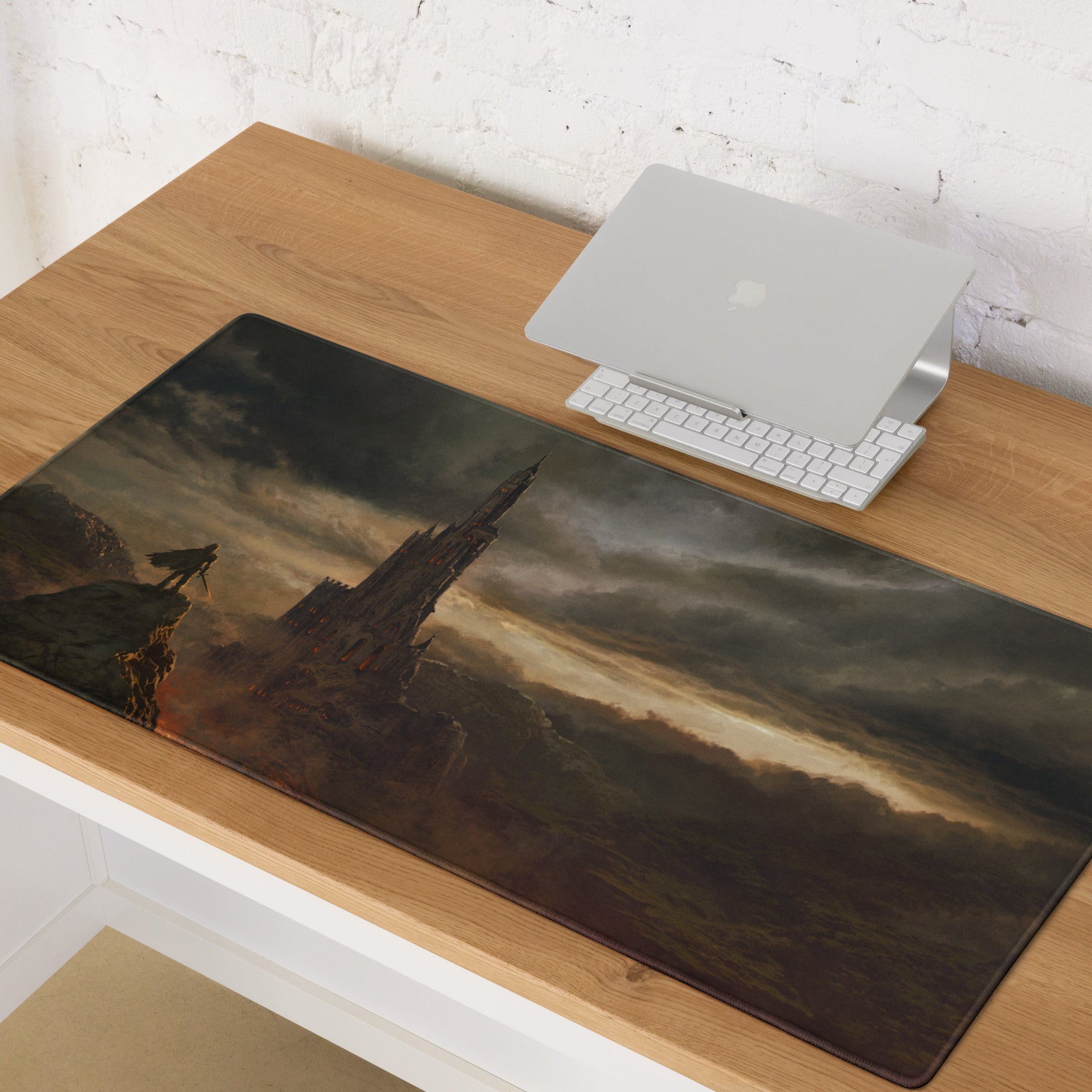 Gaming Mouse Pad Black Gray Large For Desktop Setup Epic Dark Fantasy Castle Style Non Slip Edge Stitching