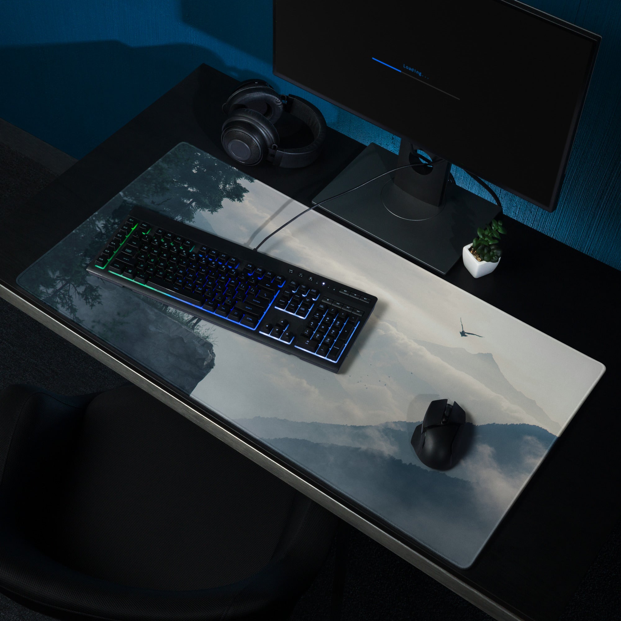 Gaming Mouse Pad Blue Mountain Landscape For Gaming Desk Non Slip Edge Stitching Large Moody Cinematic