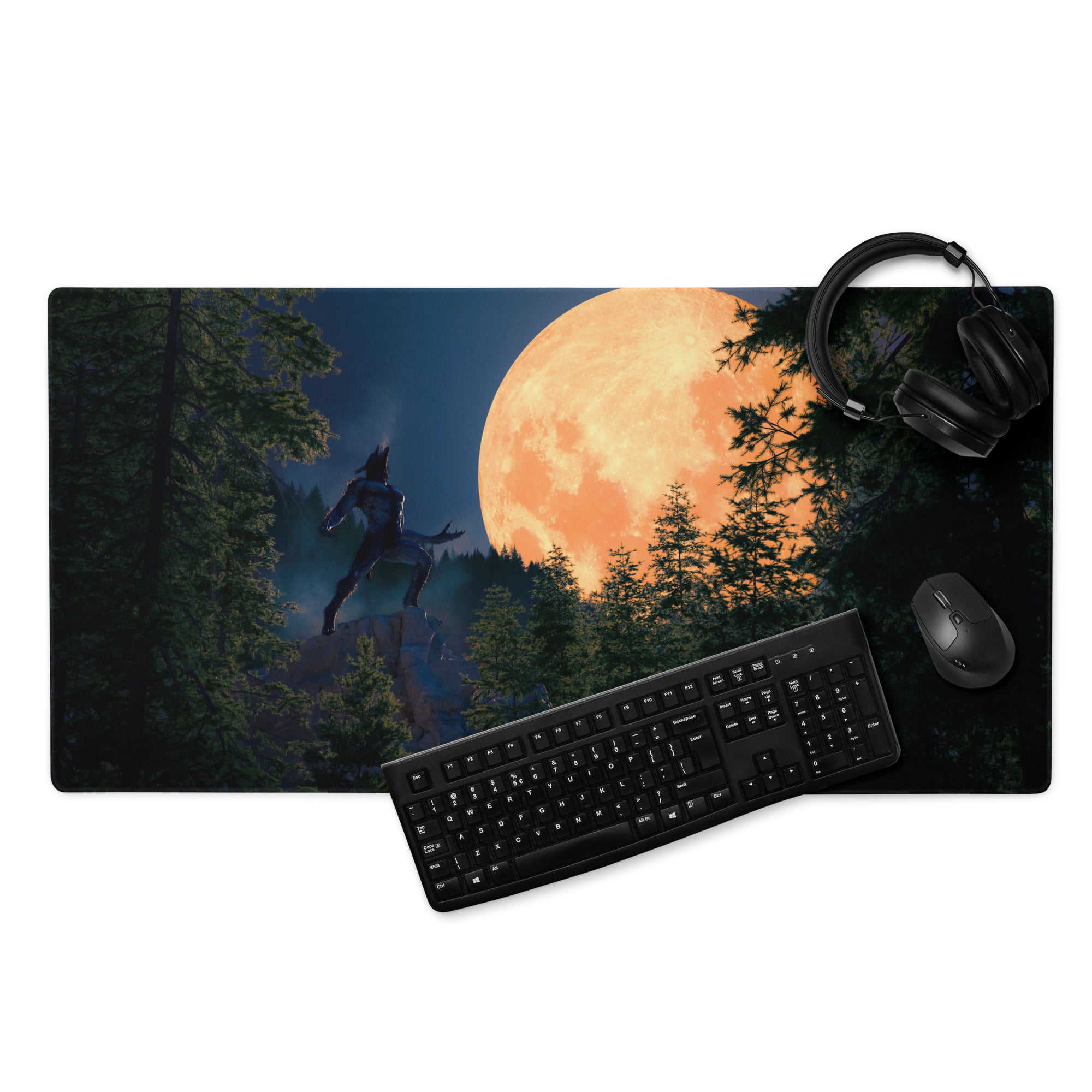 Gaming Mouse Pad Edge Stitch Moonlit Forest Orange Moon Large For Gaming Desk Non Slip