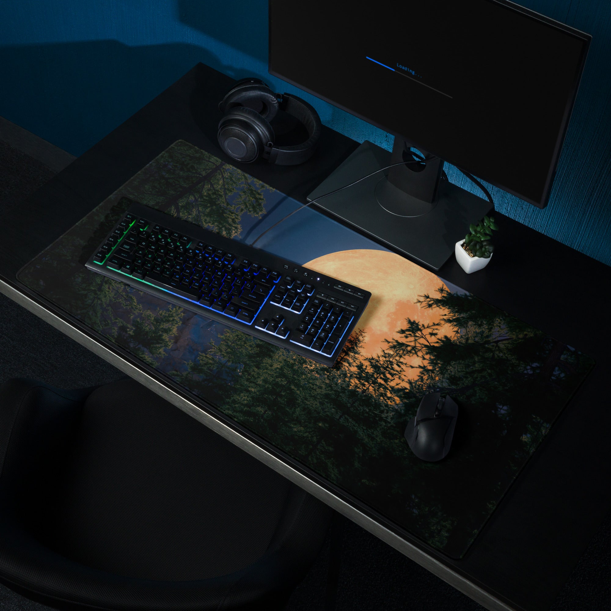 Gaming Mouse Pad Edge Stitch Moonlit Forest Orange Moon Large For Gaming Desk Non Slip