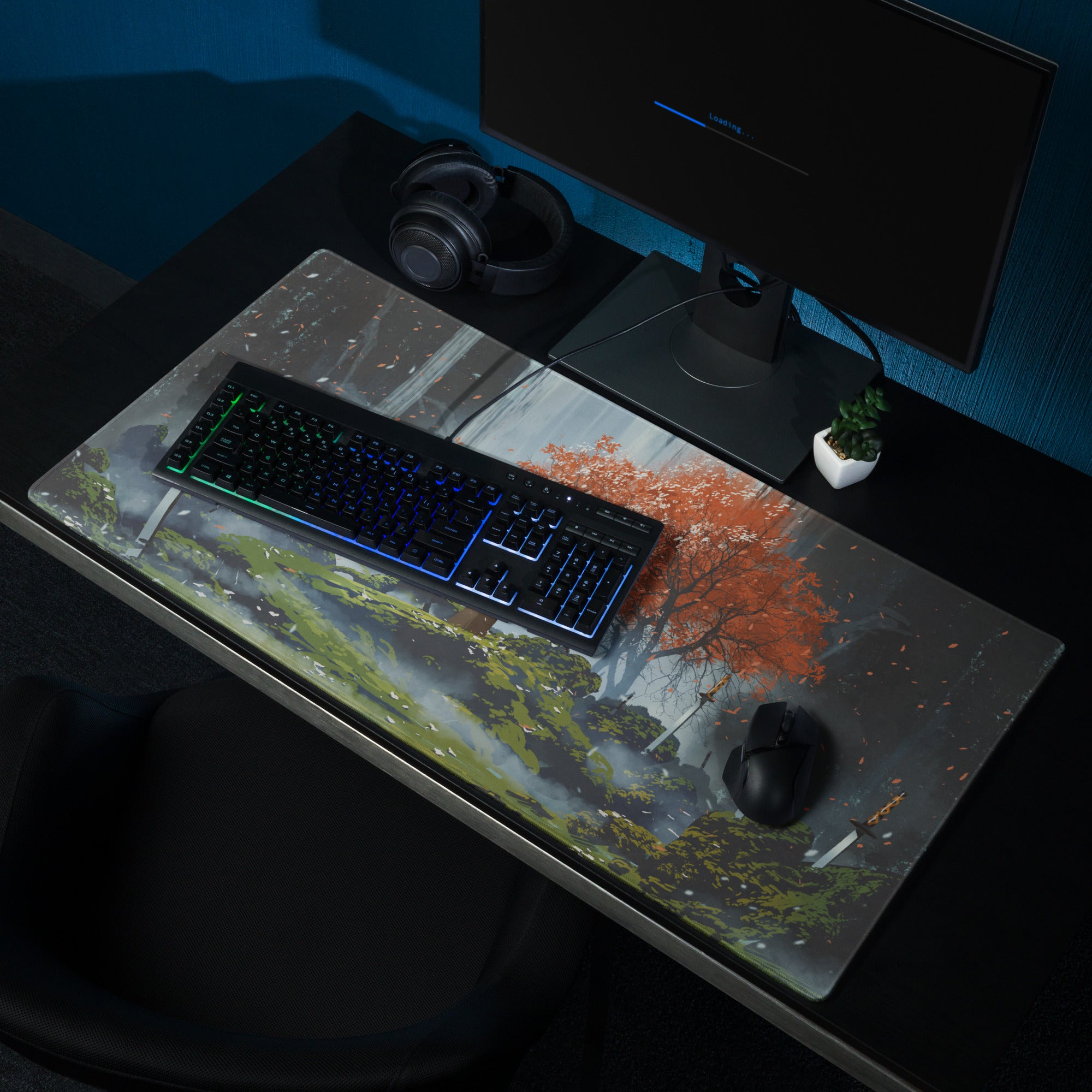 Gaming Mouse Pad Large Size With Dark Blue Gray And Orange Red Tree Scene For Desktop Gaming Epic Fantasy Art