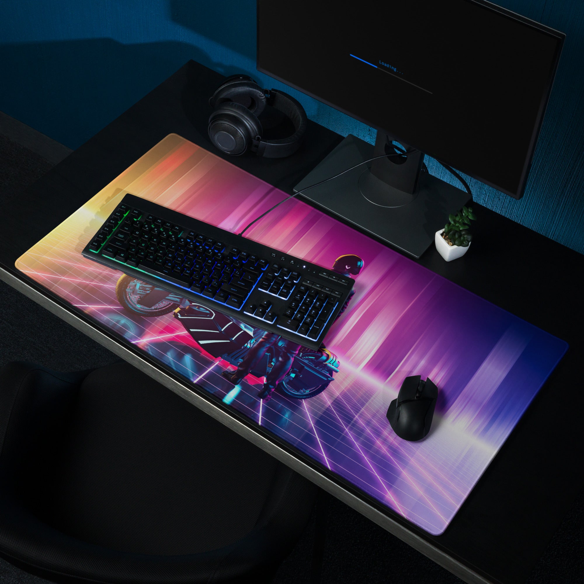 Futuristic Neon Rider Gaming Mouse Pad Orange Pink Purple Blue Desk Cyberpunk Gradient