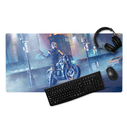 Gaming Mouse Pad Blue Neon Purple Cyberpunk Desk Setup Mat Large Size Non Slip Edge Stitch