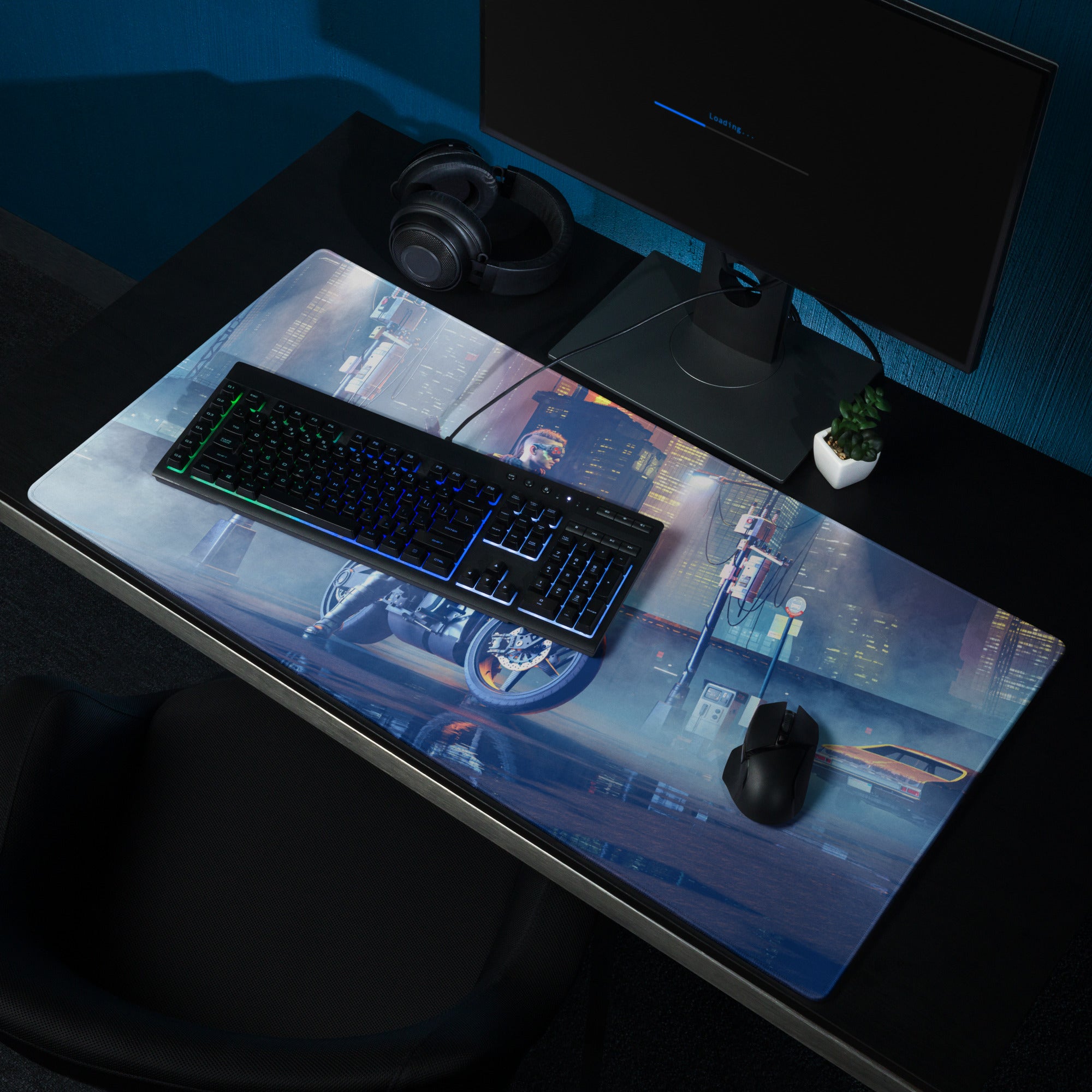 Gaming Mouse Pad Blue Neon Purple Cyberpunk Desk Setup Mat Large Size Non Slip Edge Stitch