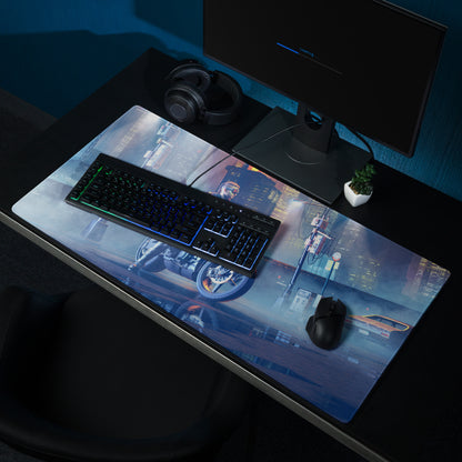 Gaming Mouse Pad Blue Neon Purple Cyberpunk Desk Setup Mat Large Size Non Slip Edge Stitch