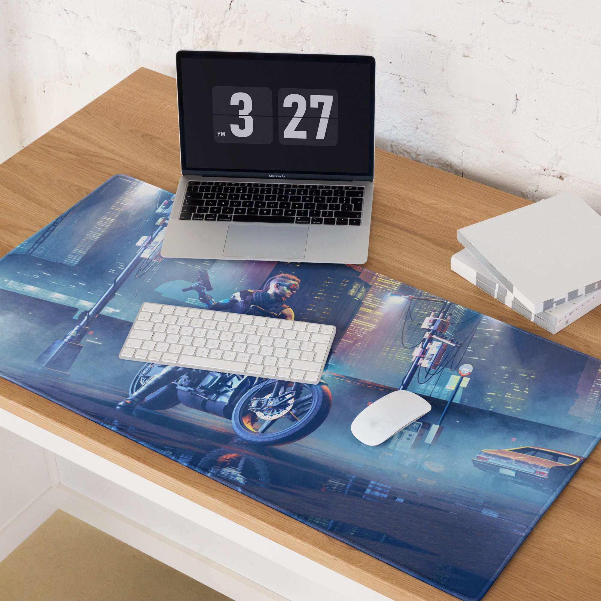 Gaming Mouse Pad Blue Neon Purple Cyberpunk Desk Setup Mat Large Size Non Slip Edge Stitch