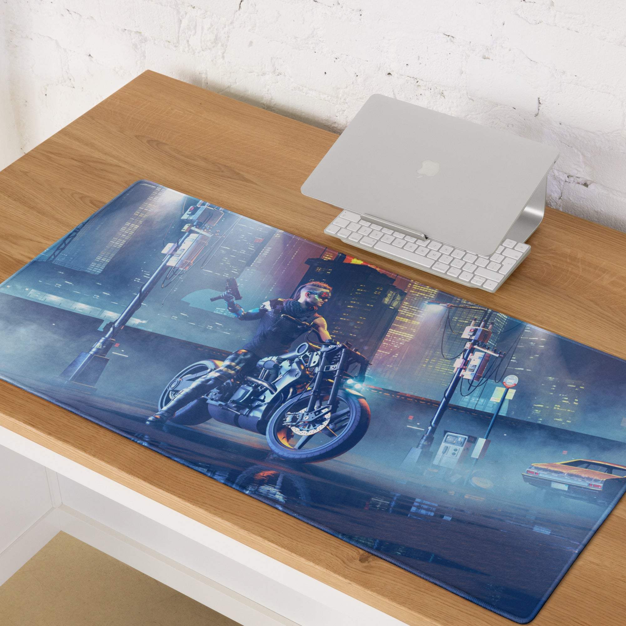 Narrow rectangular gaming mousepad with a blue and purple neon cyberpunk cityscape featuring a motorcycle rider at night