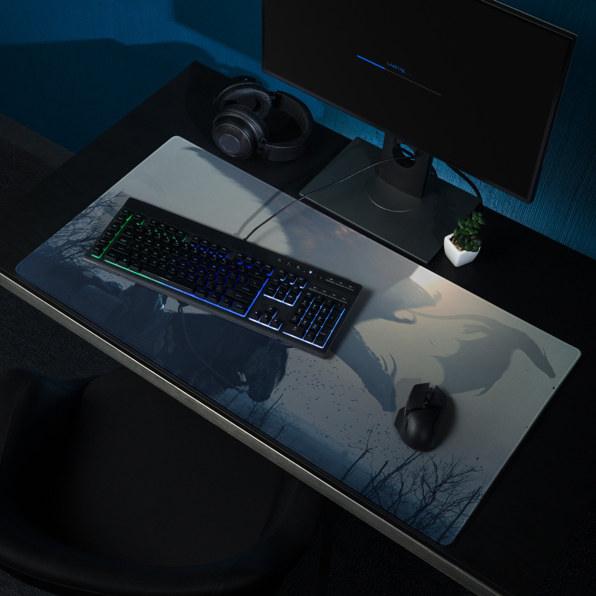 Gaming Mouse Pad Navy Blue Large Desk Mat For Gaming Setups Non Slip Base And Edge Stitching Cinematic Fantasy Art