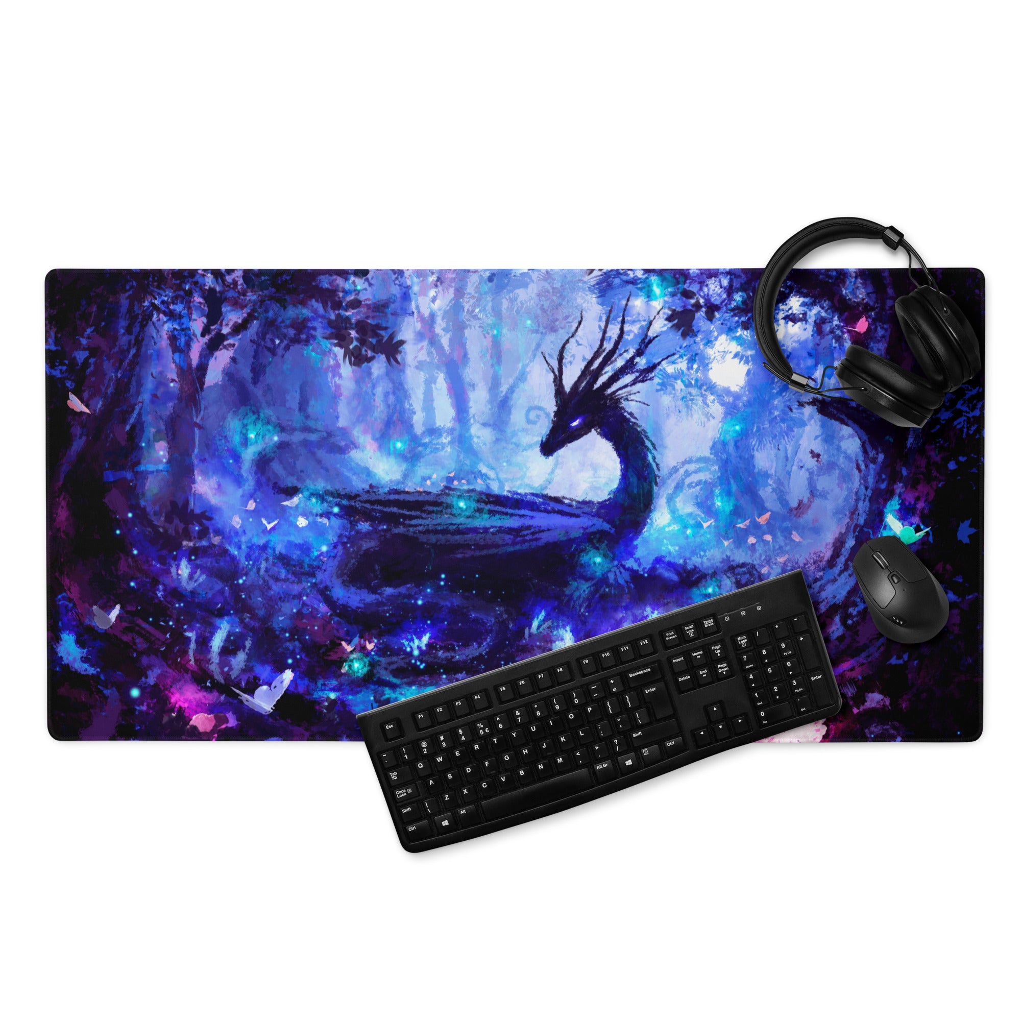 Blue Purple Gaming Mouse Pad Large For Desktop Setup Abstract Art Style Neon Glow Non Slip Base