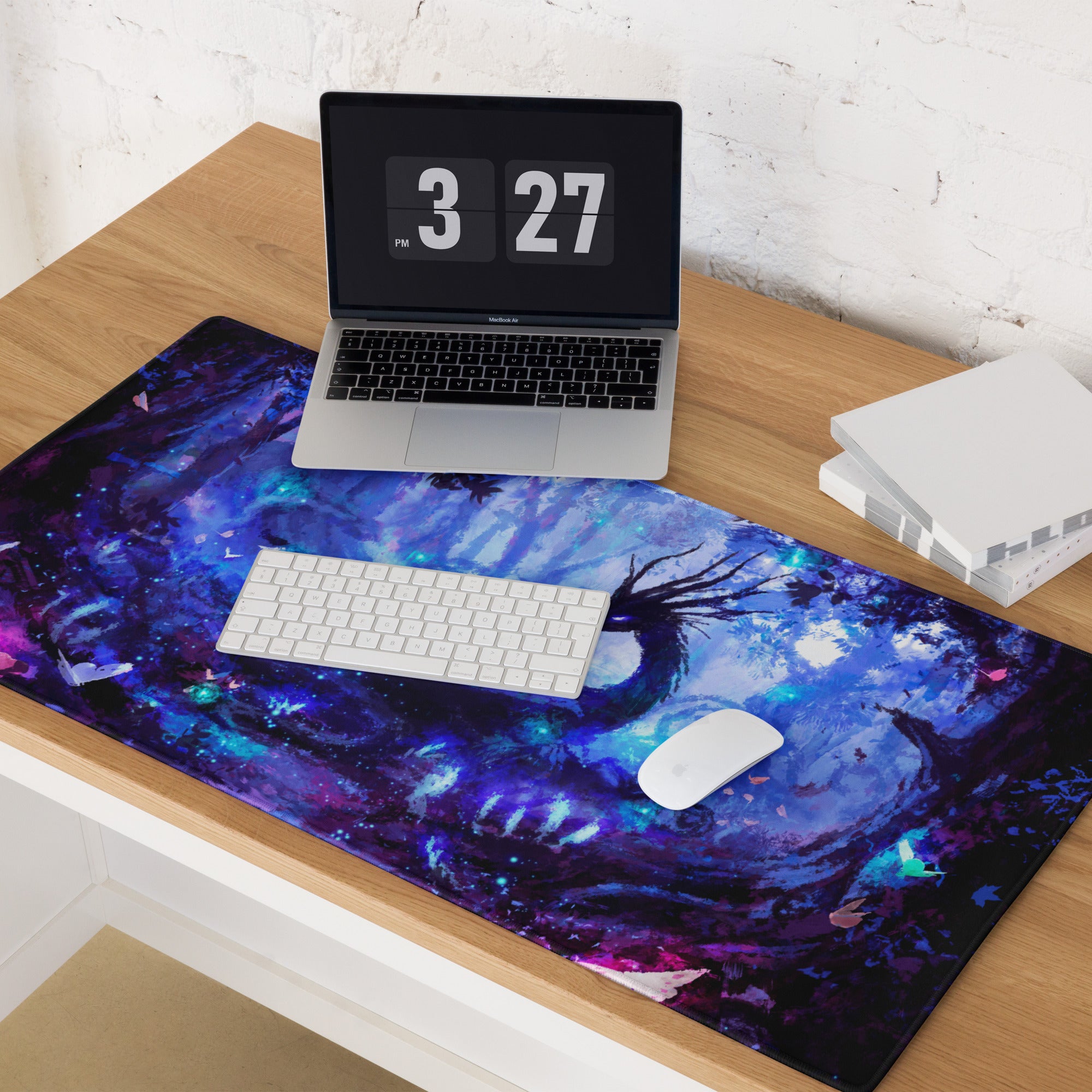 Blue Purple Gaming Mouse Pad Large For Desktop Setup Abstract Art Style Neon Glow Non Slip Base