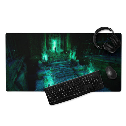 Gaming Mouse Pad Green Teal Large Non Slip Desk Mat For PC Setup Fantasy Dungeon Artwork