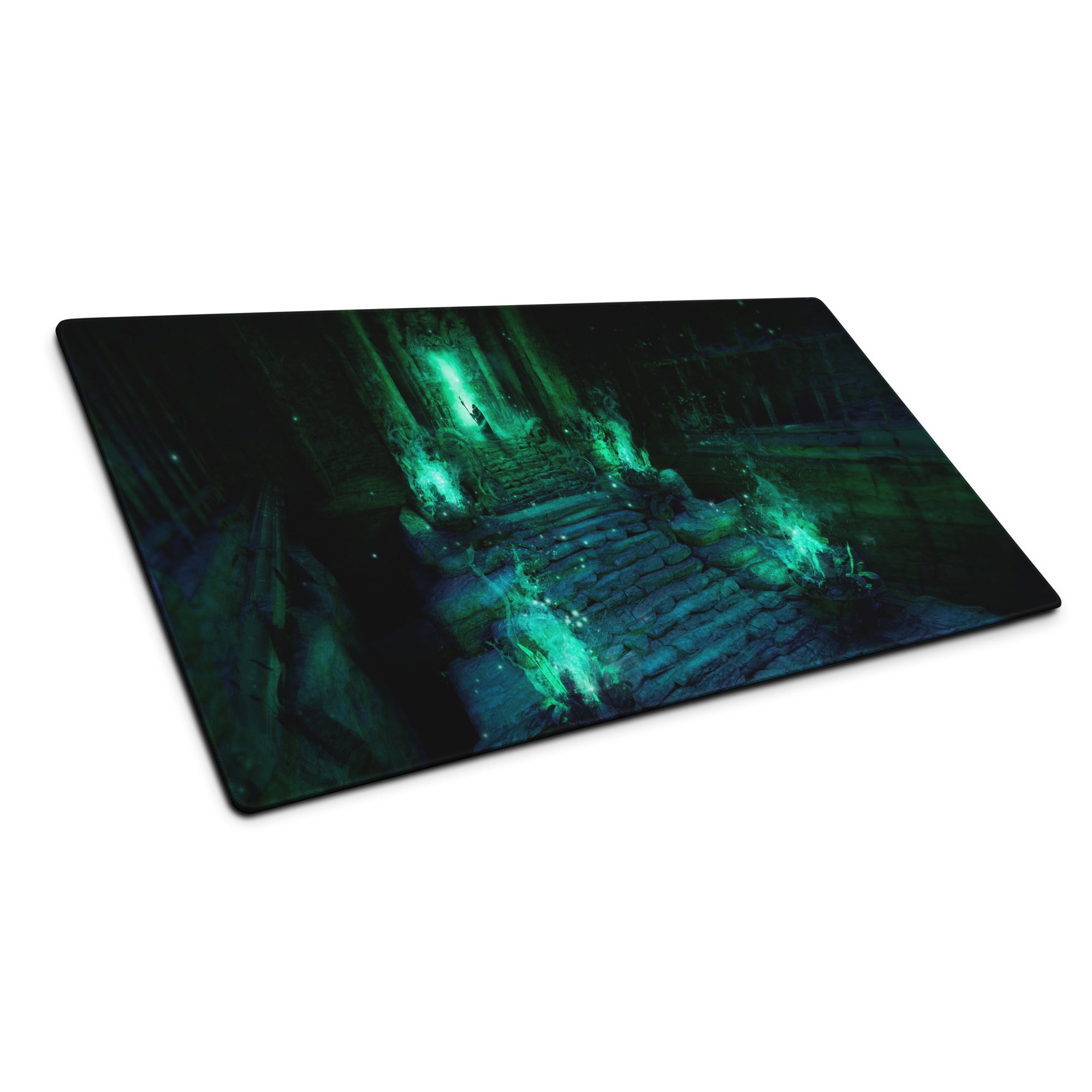 Gaming Mouse Pad Green Teal Large Non Slip Desk Mat For PC Setup Fantasy Dungeon Artwork