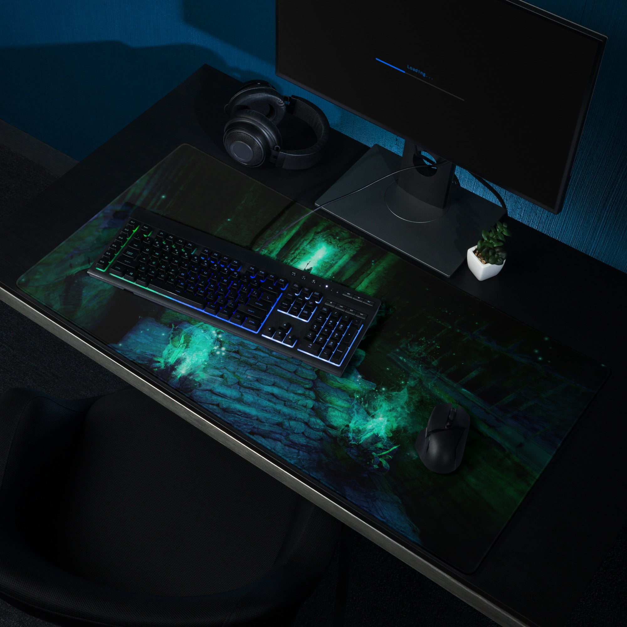 Gaming Mouse Pad Green Teal Large Non Slip Desk Mat For PC Setup Fantasy Dungeon Artwork