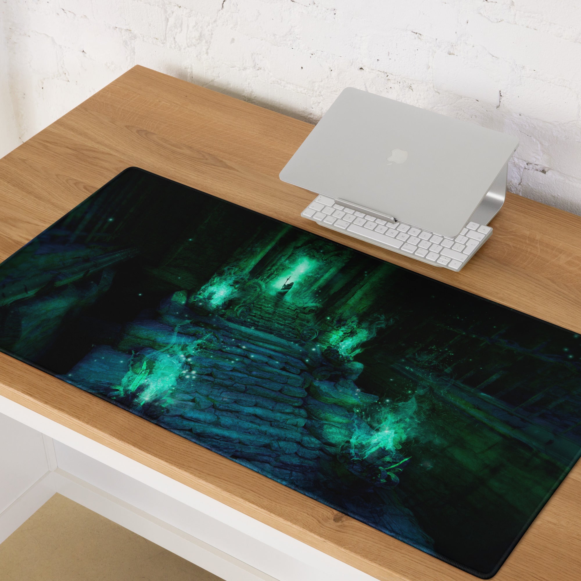 Gaming Mouse Pad Green Teal Large Non Slip Desk Mat For PC Setup Fantasy Dungeon Artwork
