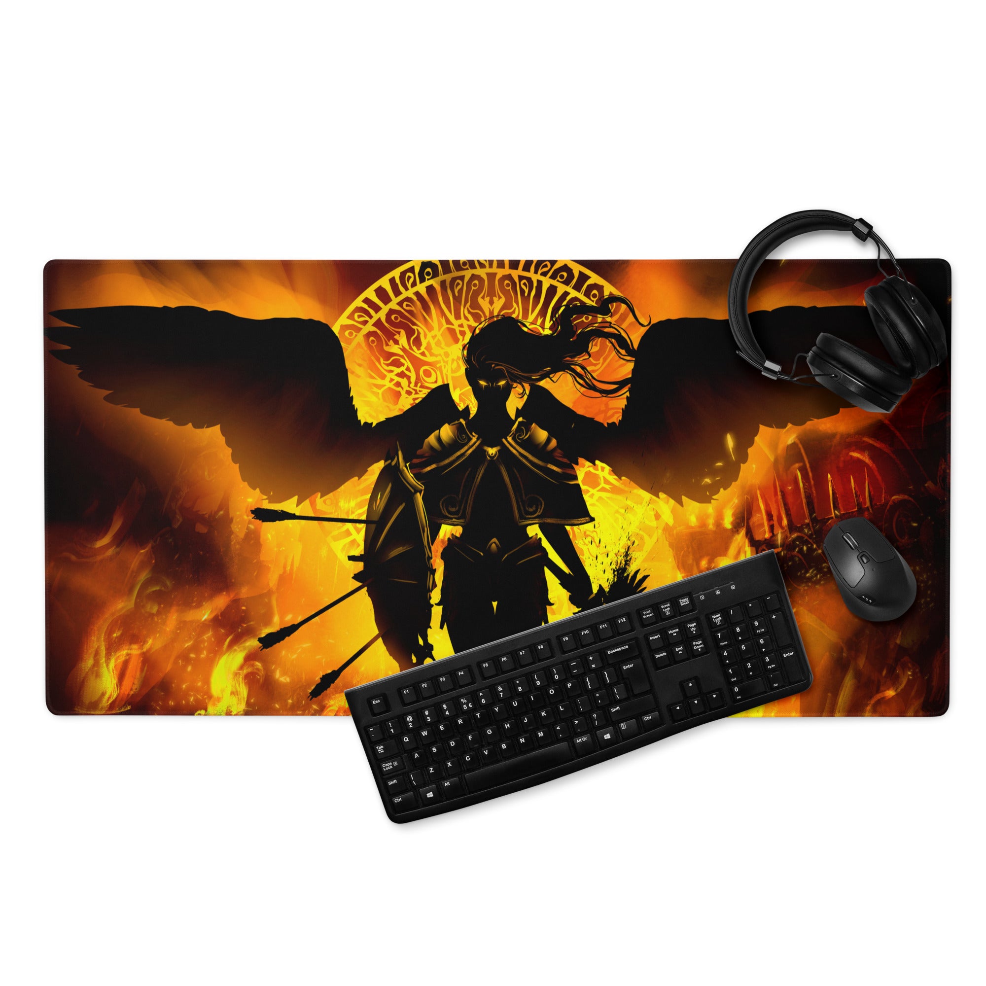 Fiery Orange Black Gaming Mouse Pad Large Desk Pad For Gaming Setup Intense Dark Fantasy Digital Illustration