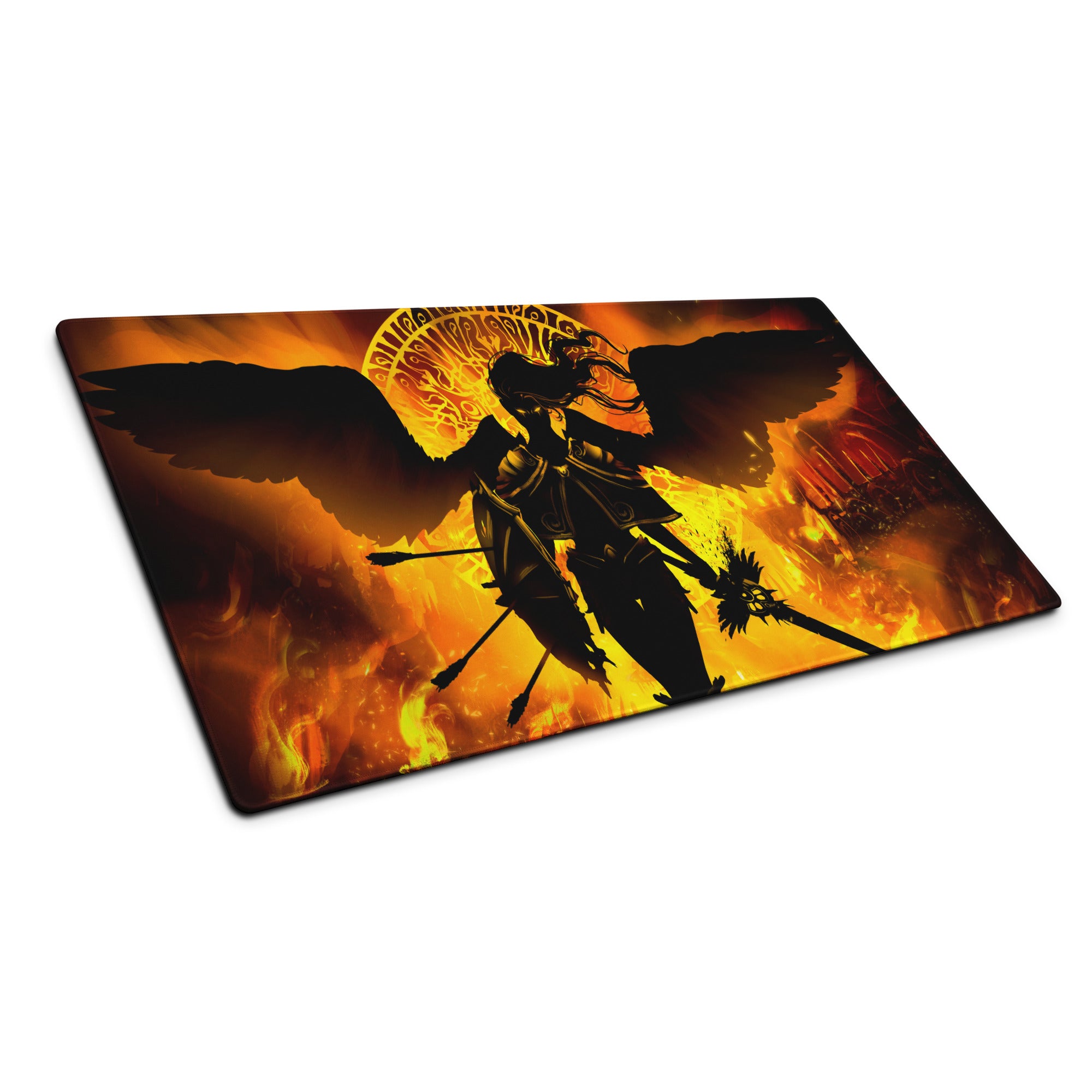 Fiery Orange Black Gaming Mouse Pad Large Desk Pad For Gaming Setup Intense Dark Fantasy Digital Illustration