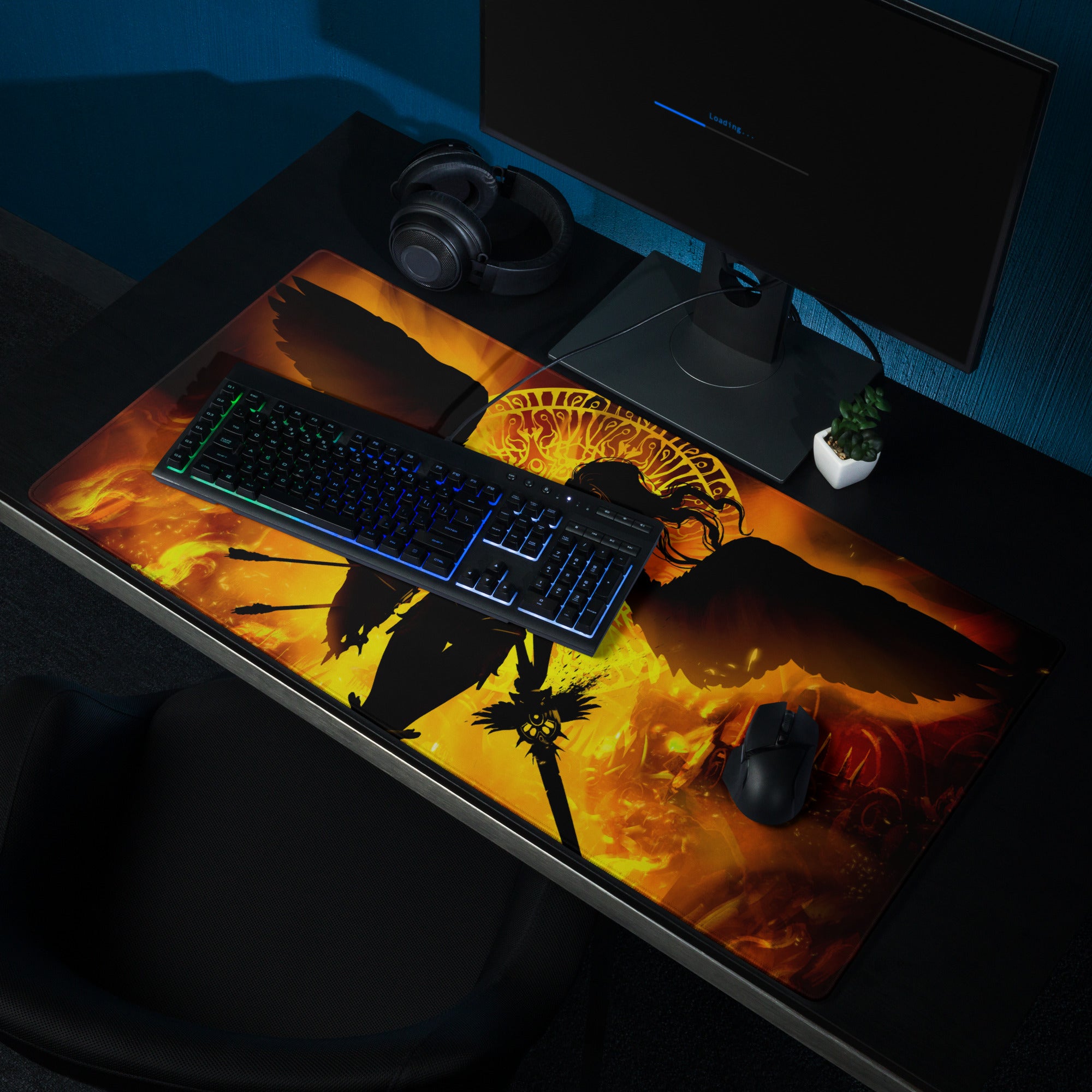 Fiery Orange Black Gaming Mouse Pad Large Desk Pad For Gaming Setup Intense Dark Fantasy Digital Illustration