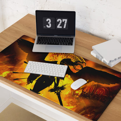 Fiery Orange Black Gaming Mouse Pad Large Desk Pad For Gaming Setup Intense Dark Fantasy Digital Illustration