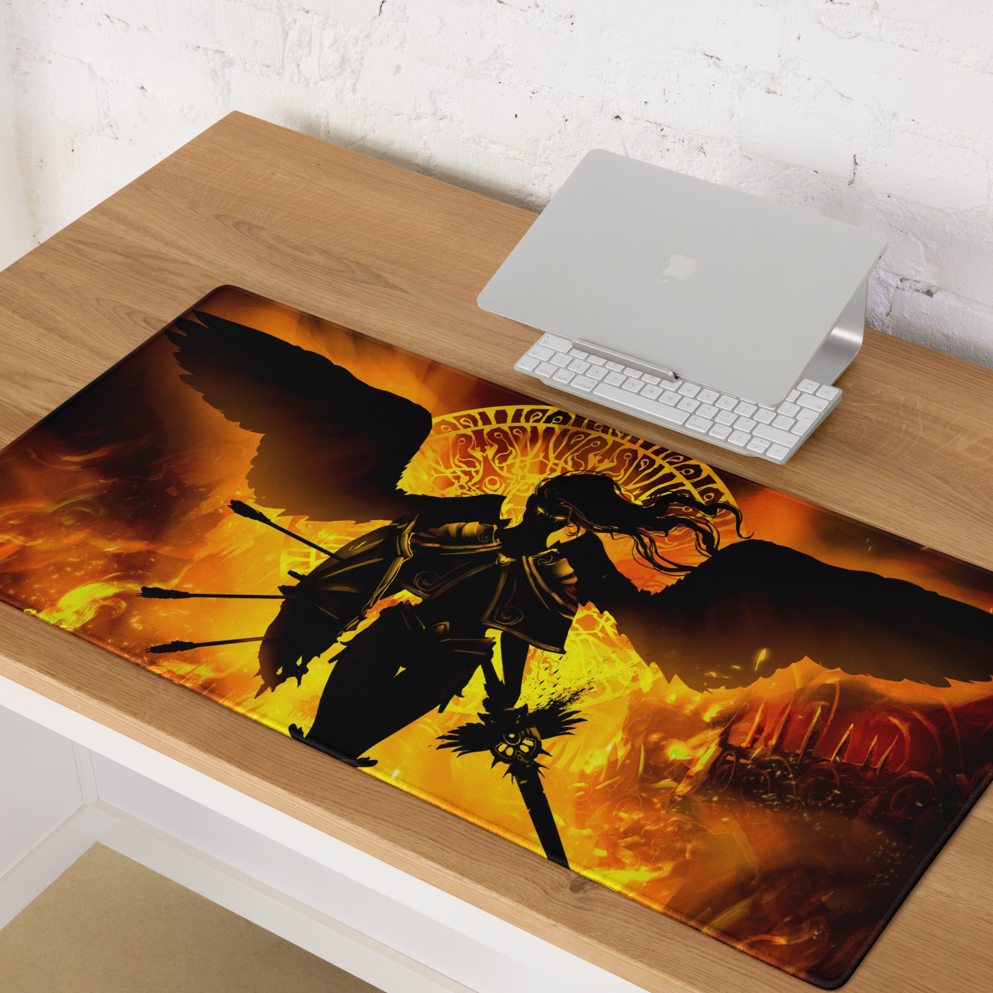 Fiery Orange Black Gaming Mouse Pad Large Desk Pad For Gaming Setup Intense Dark Fantasy Digital Illustration