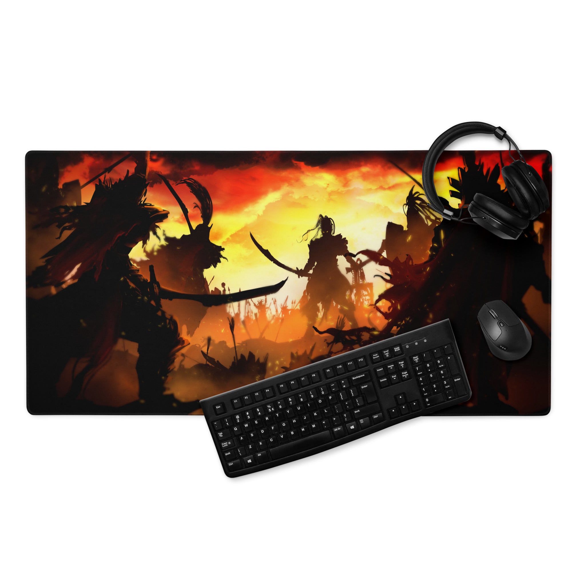 Gaming Mouse Pad Red And Orange Flames For Large Desk Setup Epic Battle Silhouette Art Style