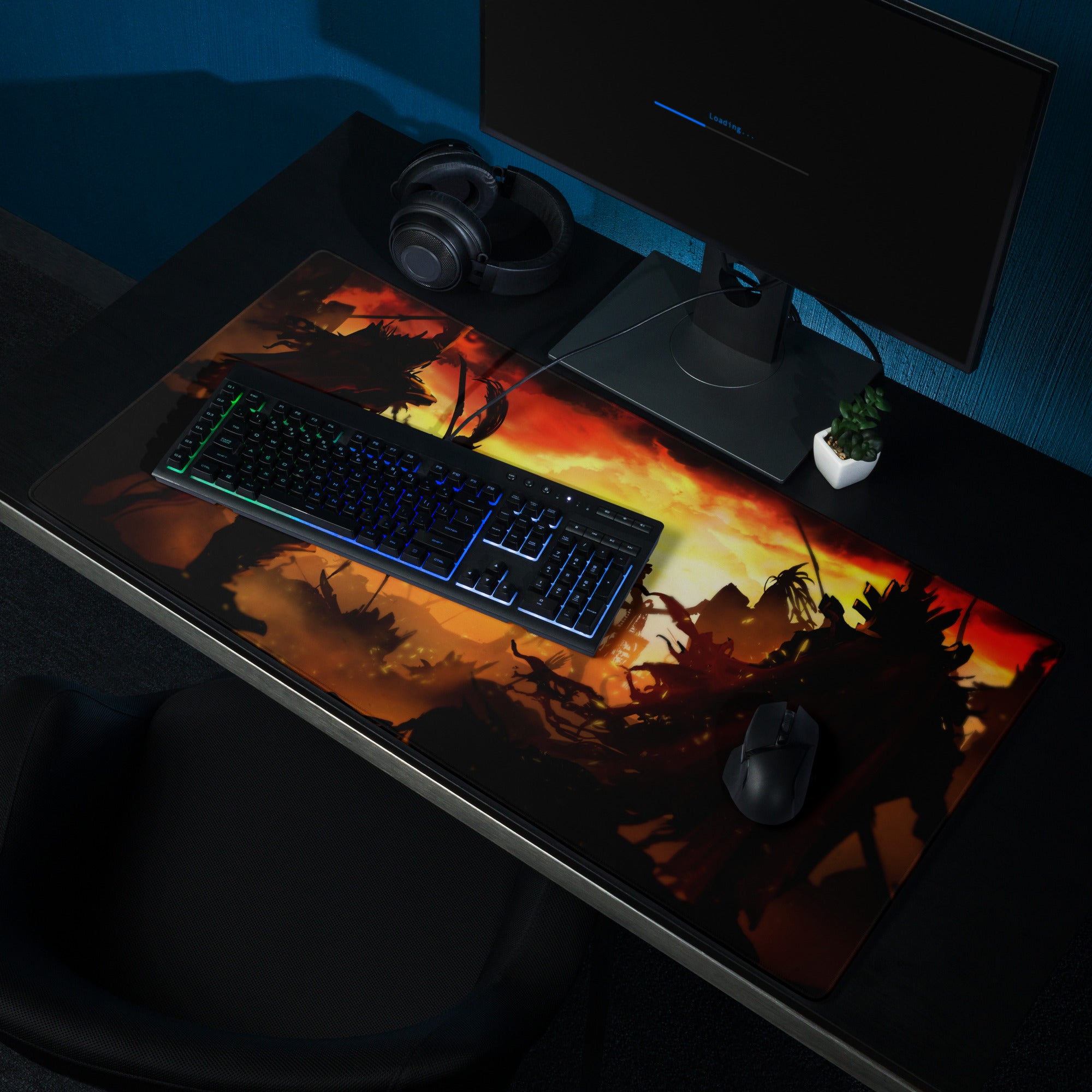 Gaming Mouse Pad Red And Orange Flames For Large Desk Setup Epic Battle Silhouette Art Style