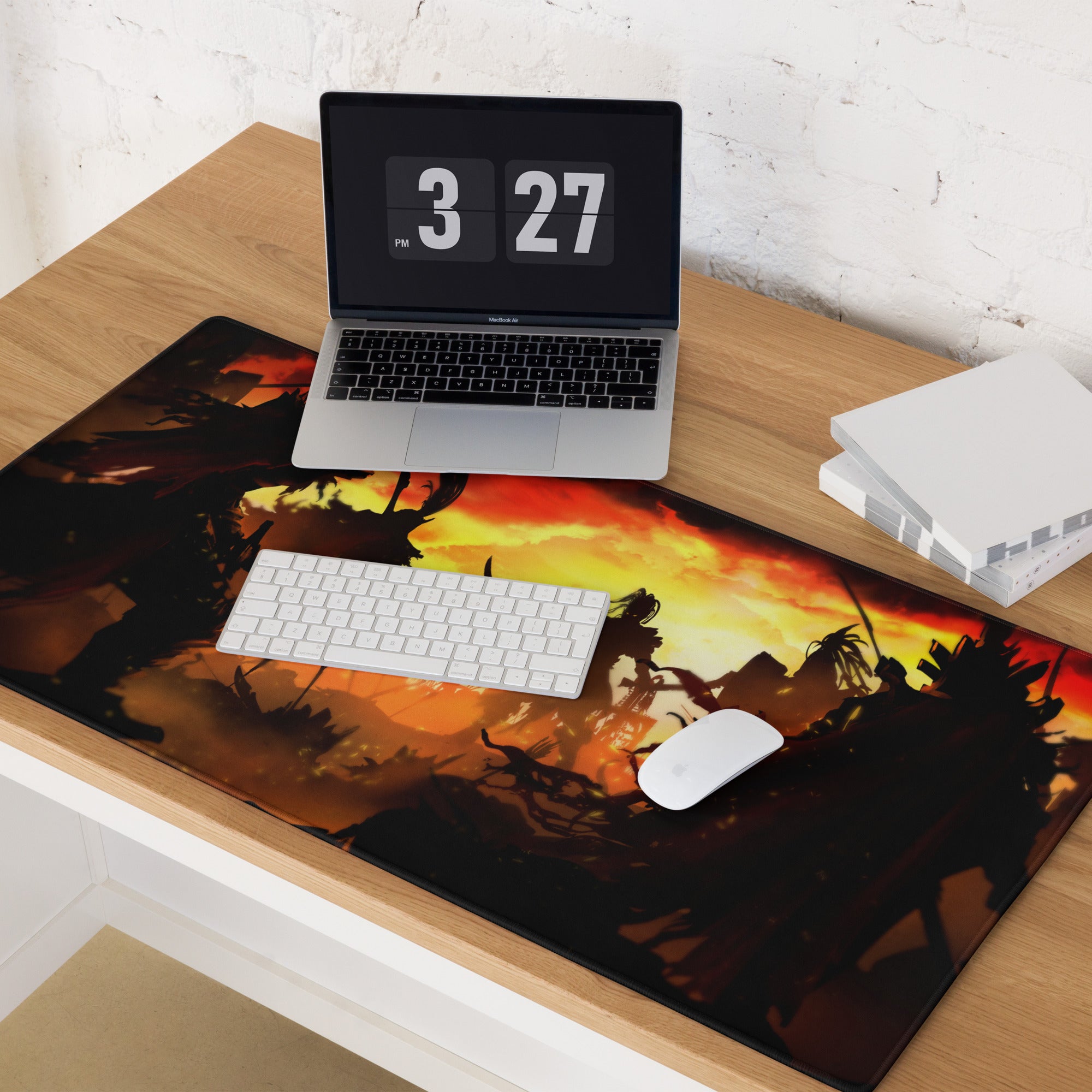 Gaming Mouse Pad Red And Orange Flames For Large Desk Setup Epic Battle Silhouette Art Style