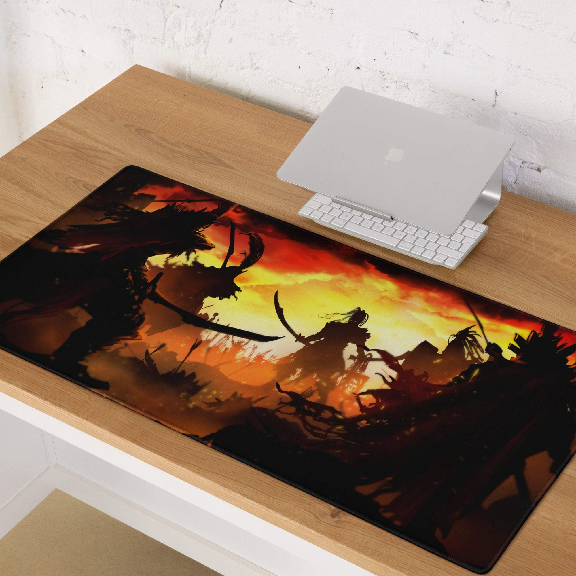 A rectangular gaming mousepad with fiery orange and yellow anime battle scene on a smooth surface for gamers