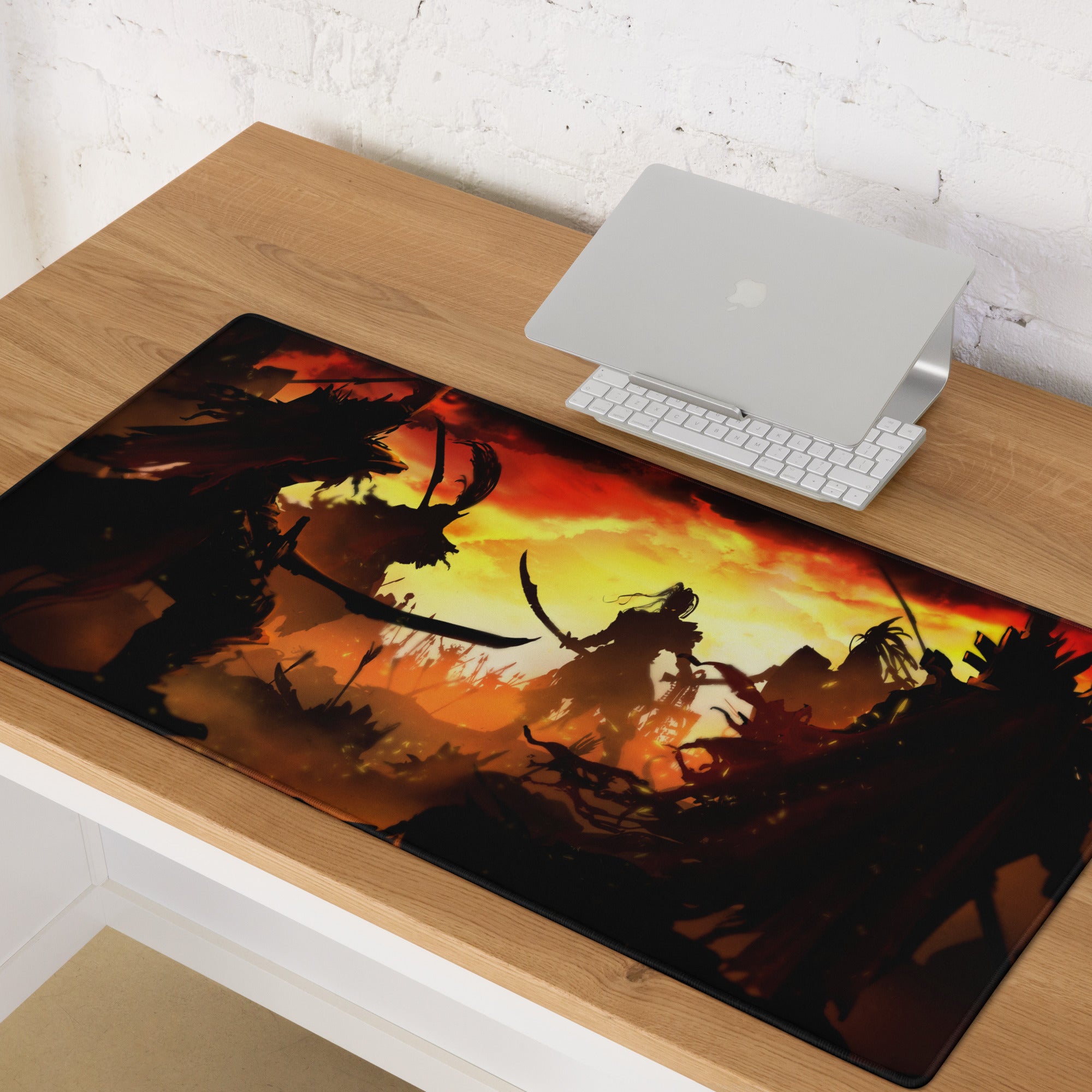 Gaming Mouse Pad Red And Orange Flames For Large Desk Setup Epic Battle Silhouette Art Style