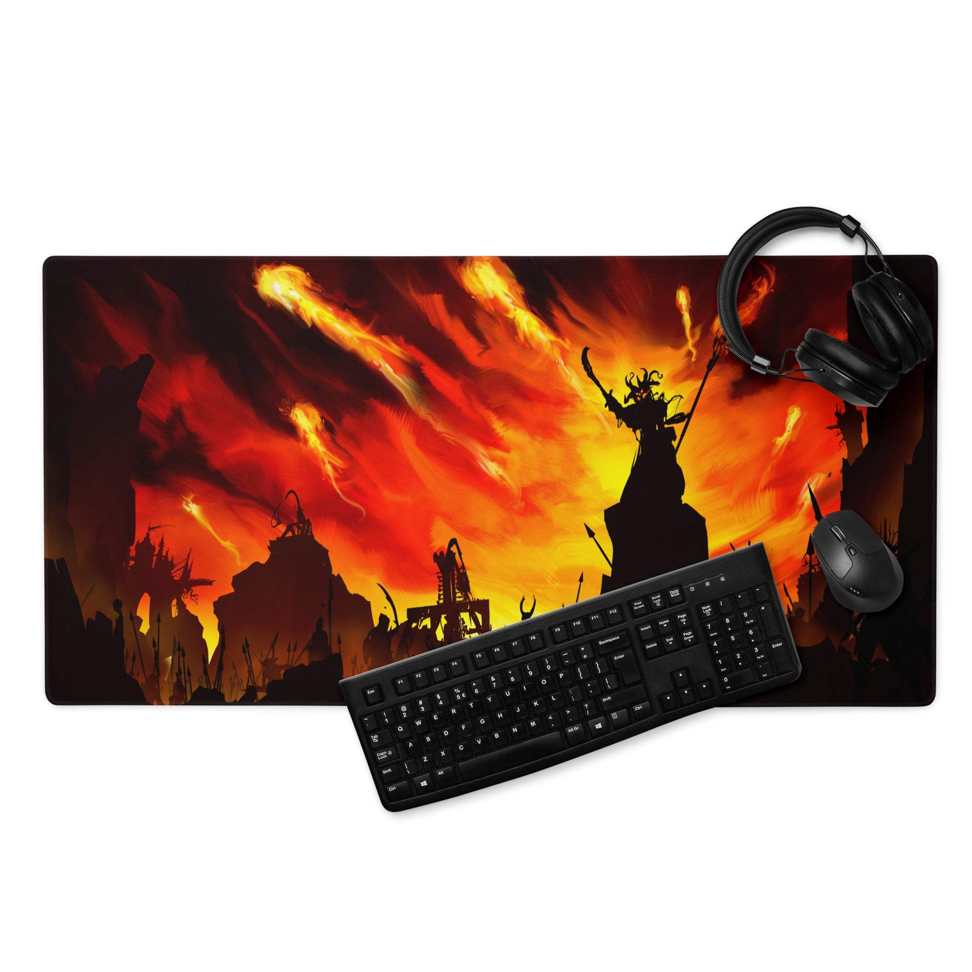 A rectangular gaming mousepad with a fiery war scene in orange red for intense desk gaming use