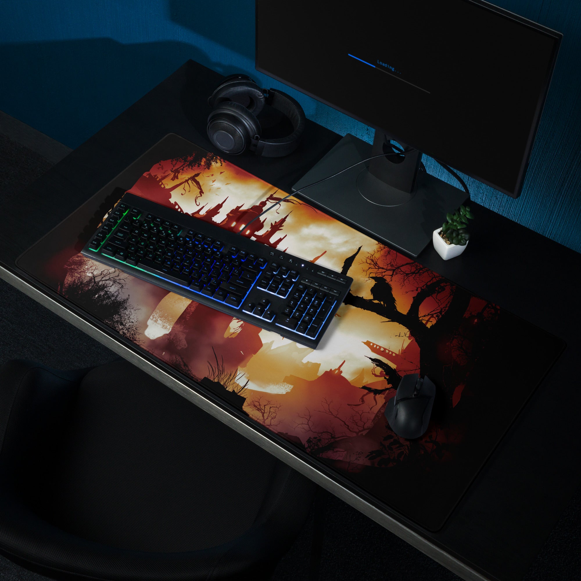 Gaming Mouse Pad Fiery Orange And Black Fantasy Landscape Art For Gaming Desk Setup Epic Gamer Decor