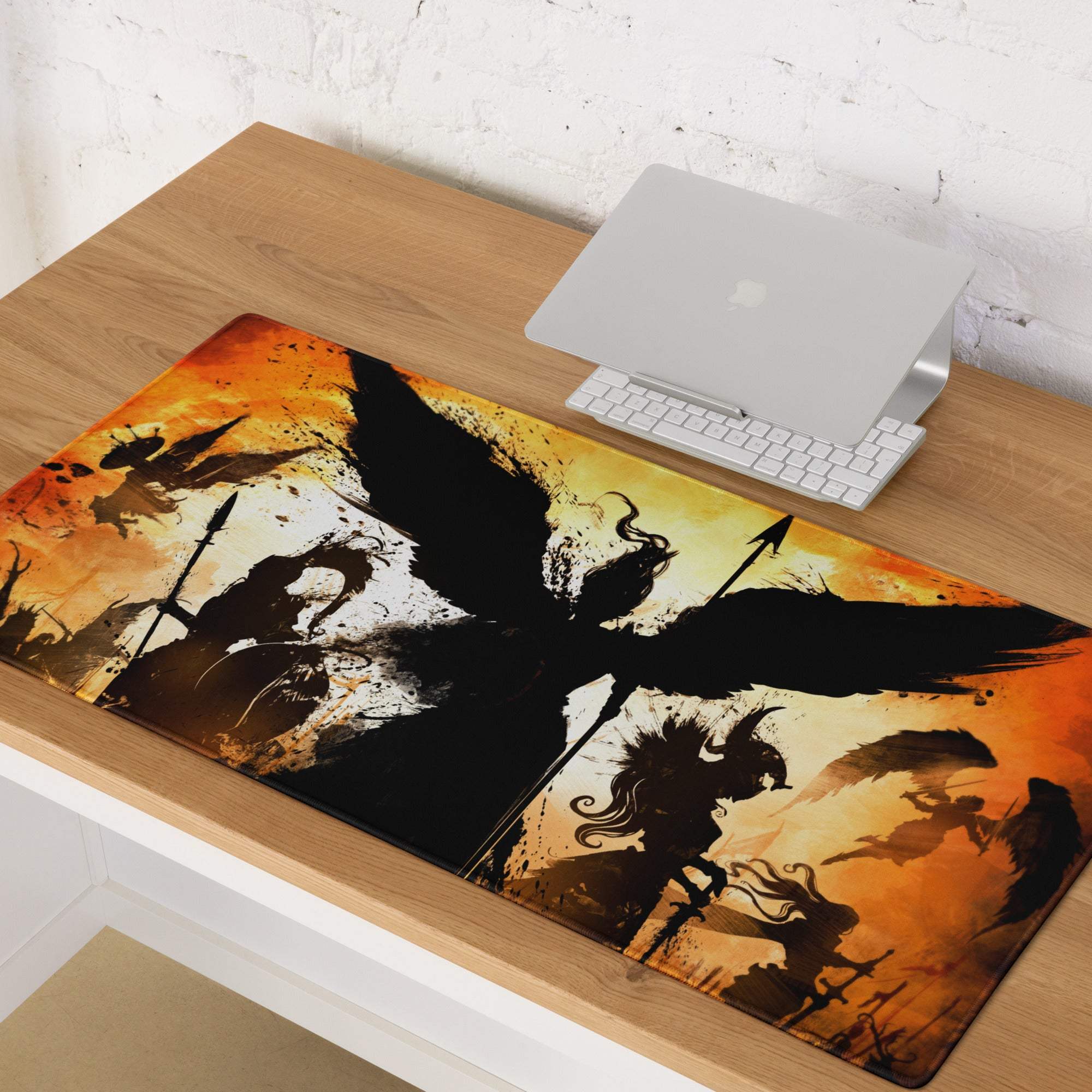 Fiery abstract wings gaming mousepad in orange and black with silhouetted warriors and wings on a fiery digital art backdrop