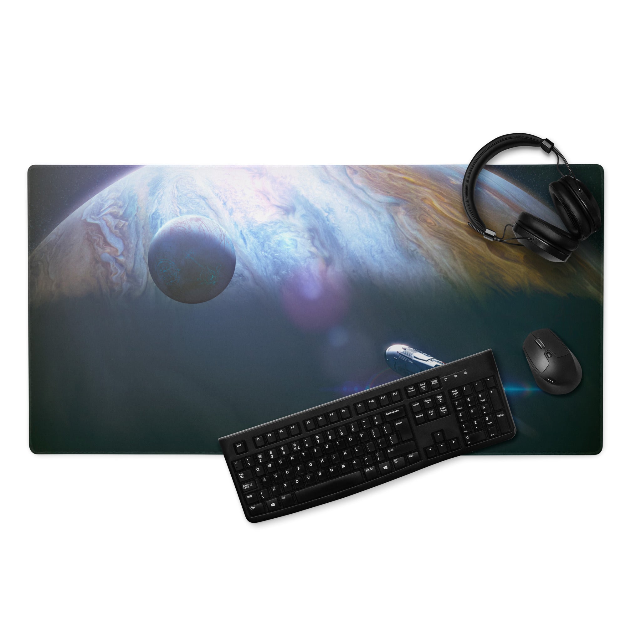 Gaming Mouse Pad Blue Glow Space Theme With Earth Planet Print For Desk Battlestation Modern Sci Fi