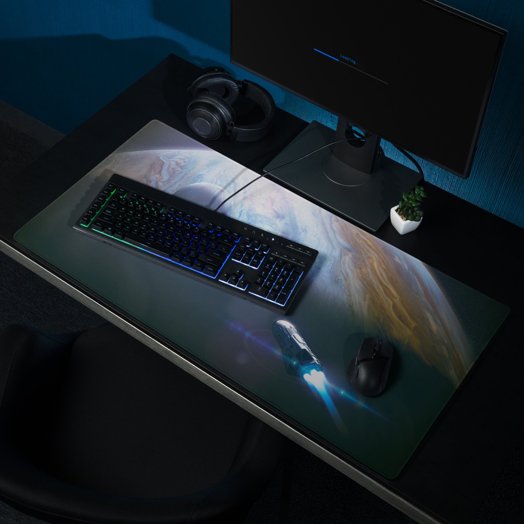 Gaming Mouse Pad Blue Glow Space Theme With Earth Planet Print For Desk Battlestation Modern Sci Fi