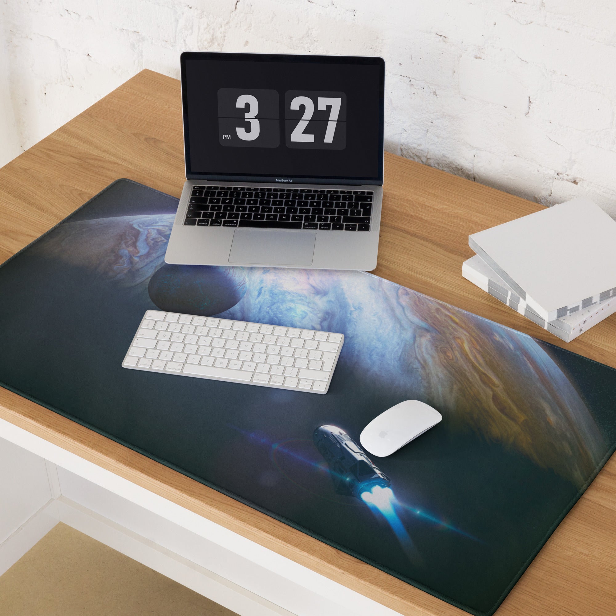 Gaming Mouse Pad Blue Glow Space Theme With Earth Planet Print For Desk Battlestation Modern Sci Fi