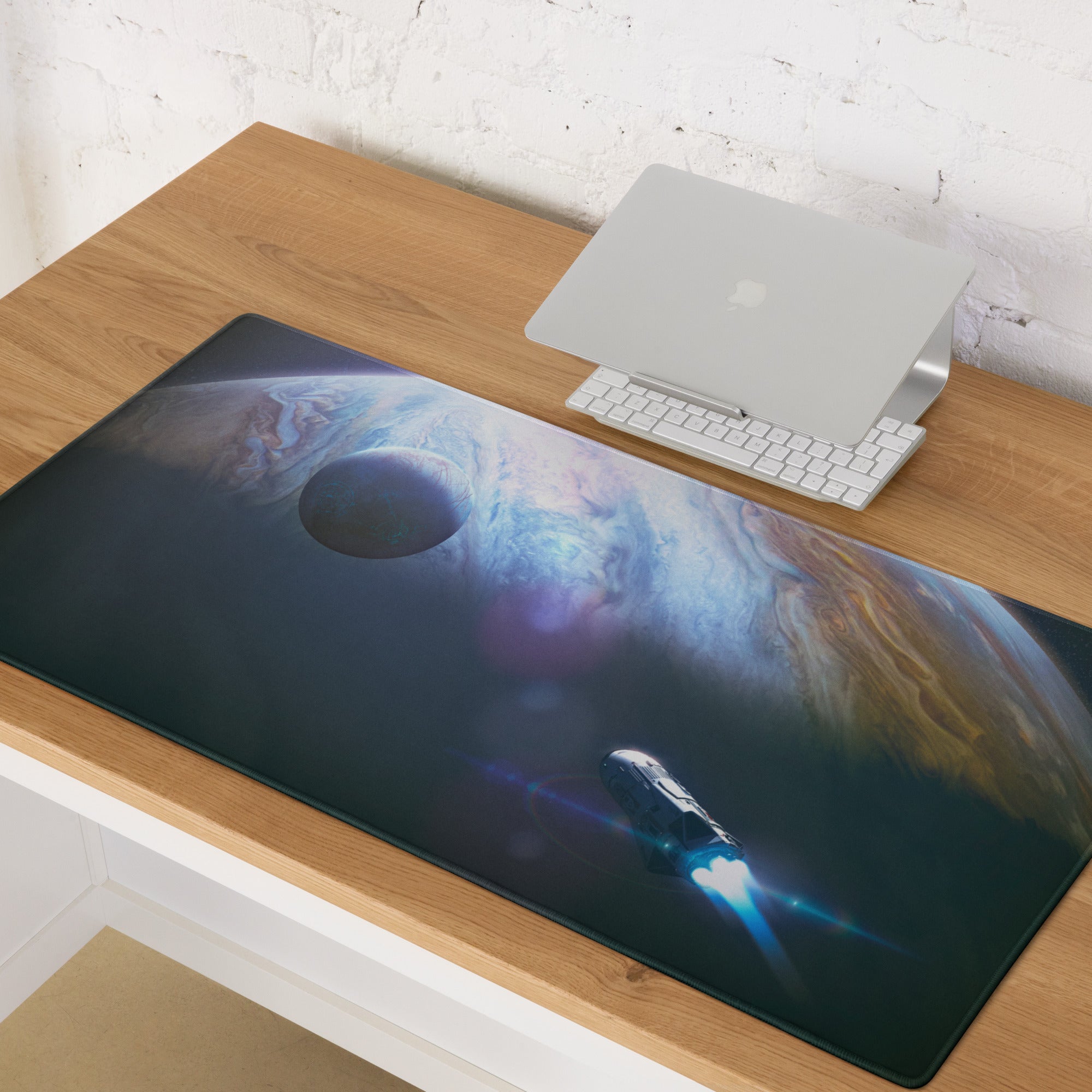 Gaming Mouse Pad Blue Glow Space Theme With Earth Planet Print For Desk Battlestation Modern Sci Fi