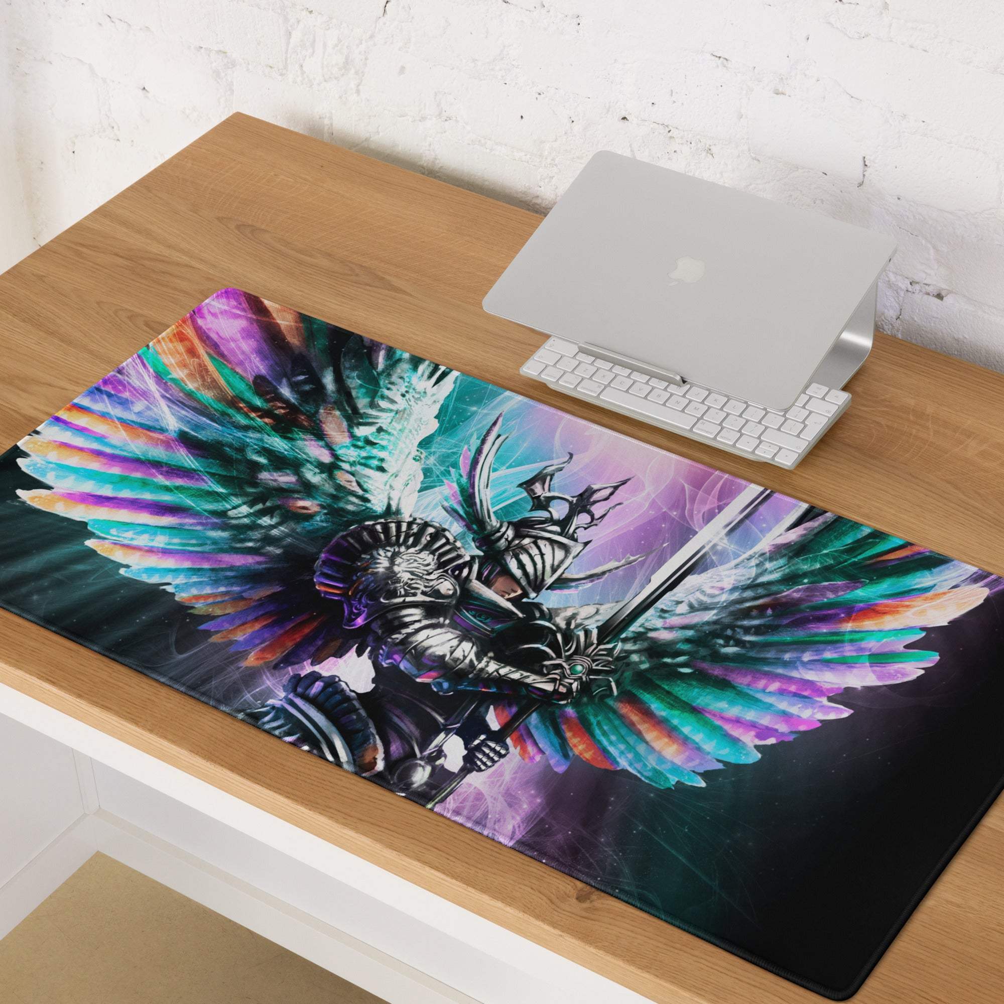 Vibrant rainbow-colored fantasy warrior design on a large rectangular gaming mousepad for energetic desk use